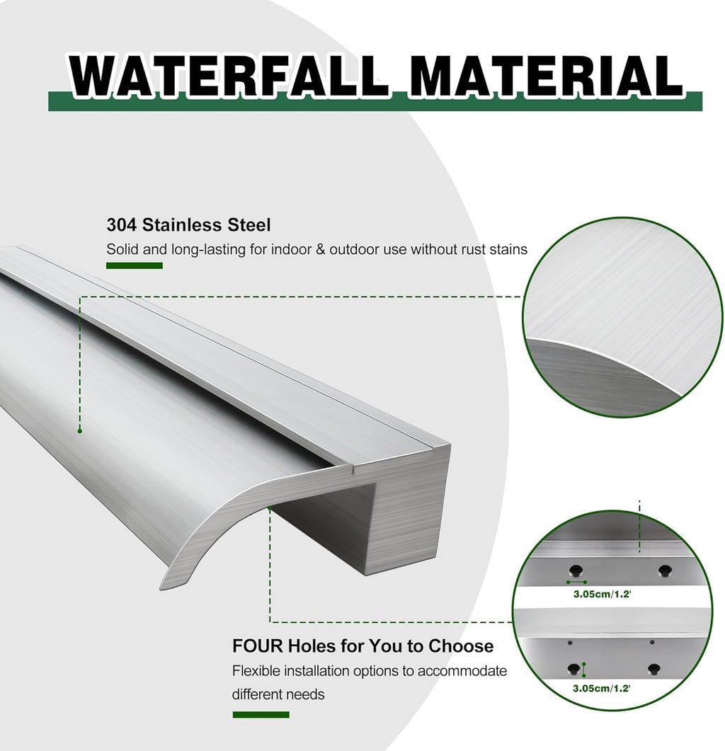 Waterfall Spillway, Stainless Steel Pool Fountain w/Top Open Lip & Pipe Connector Kits for Outdoor/Indoor Decorative, 35.4'' Pool Water Feature for Garden Patio, Backyard Koi Pond Decor