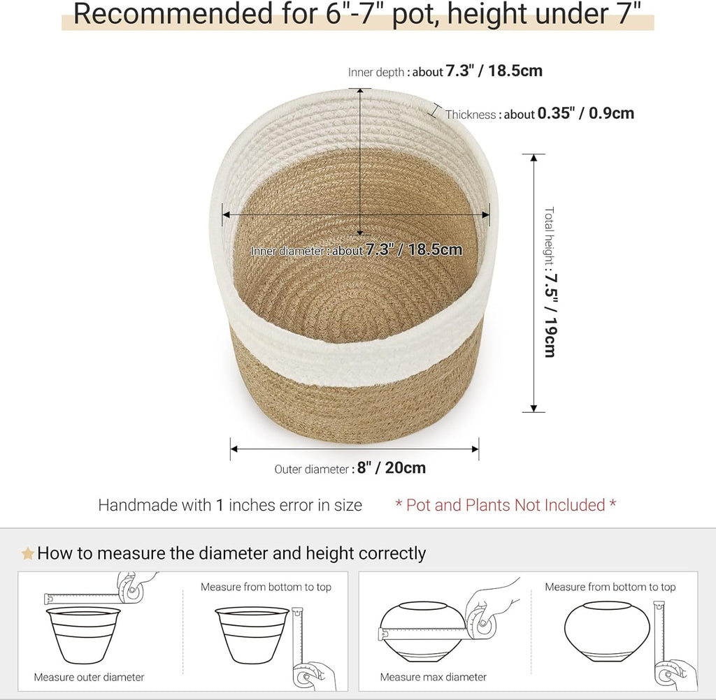 Dahey Small Cotton Rope Plant Basket Woven Plant Coiled Basket for Up to 7" Planter, Decorative Flower Pot Cover Closet Storage Bin Table Desk Organizer for Home Decor, White and Beige