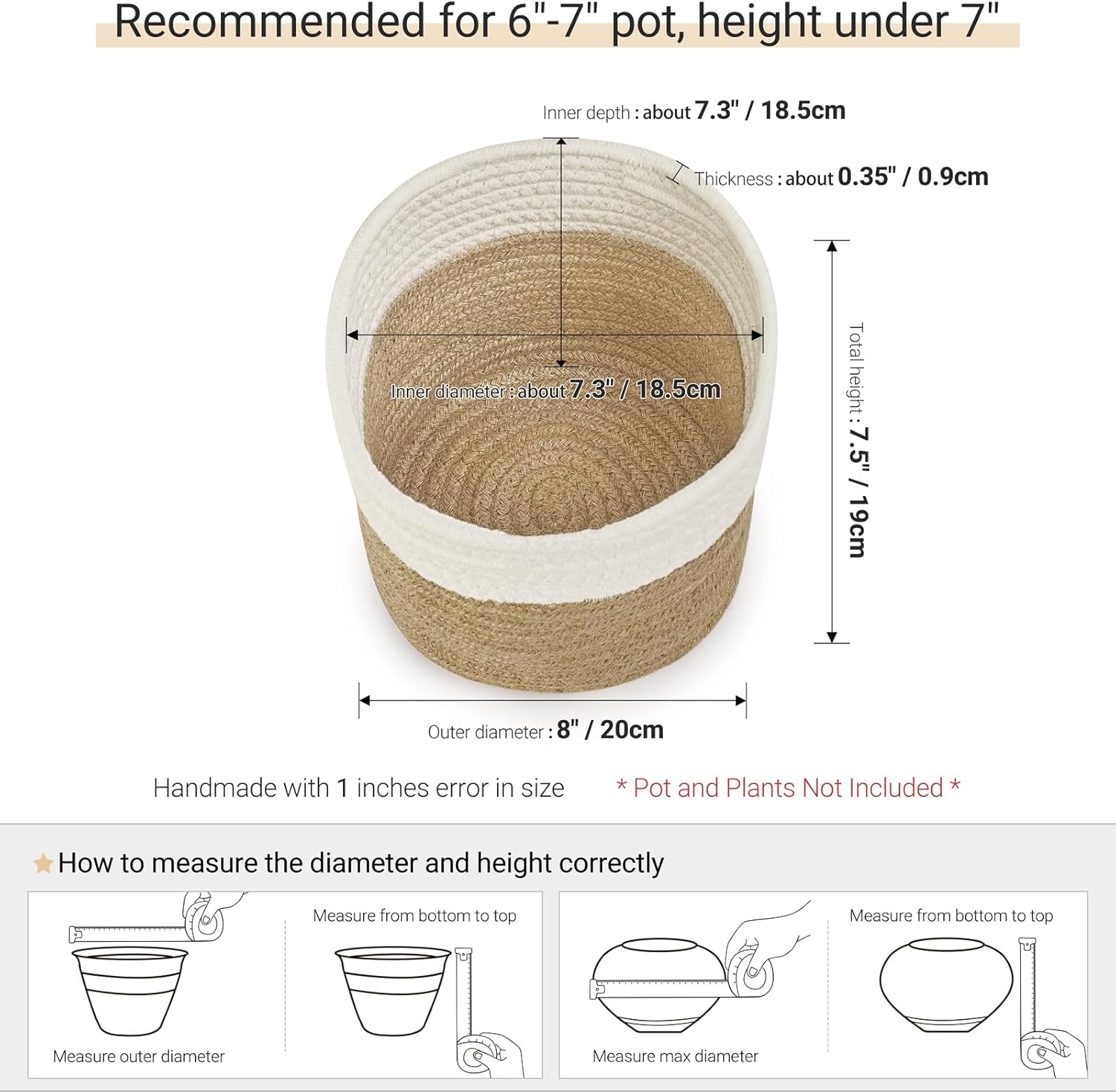 Dahey Small Cotton Rope Plant Basket Woven Plant Coiled Basket for Up to 7" Planter, Decorative Flower Pot Cover Closet Storage Bin Table Desk Organizer for Home Decor, White and Beige