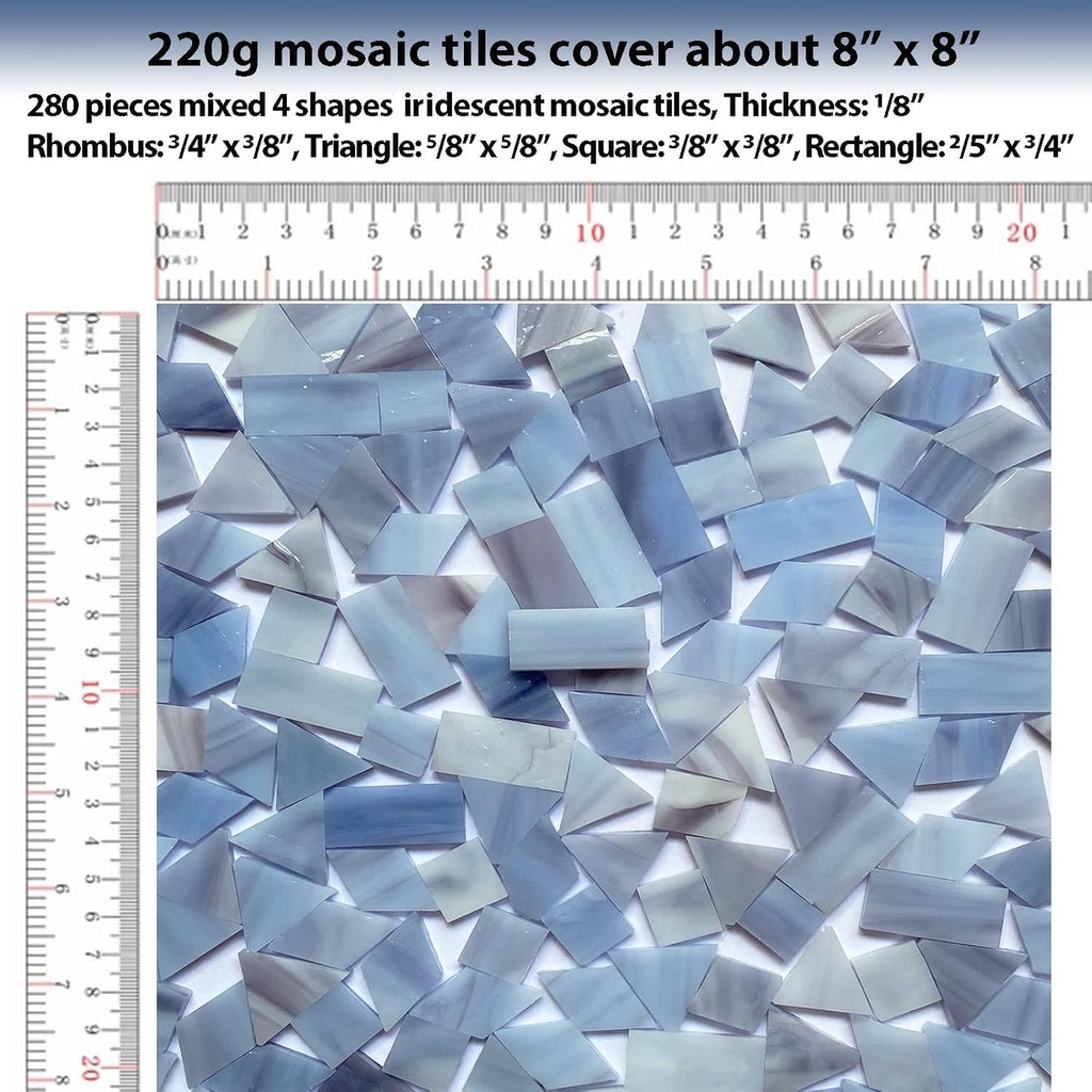 Iridescent Gray Stained Glass Mosaic Tiles for Crafts, 280 Pieces Mixed 4 Shapes Tiffany Stained Glass Sheets for Mosaic Projects