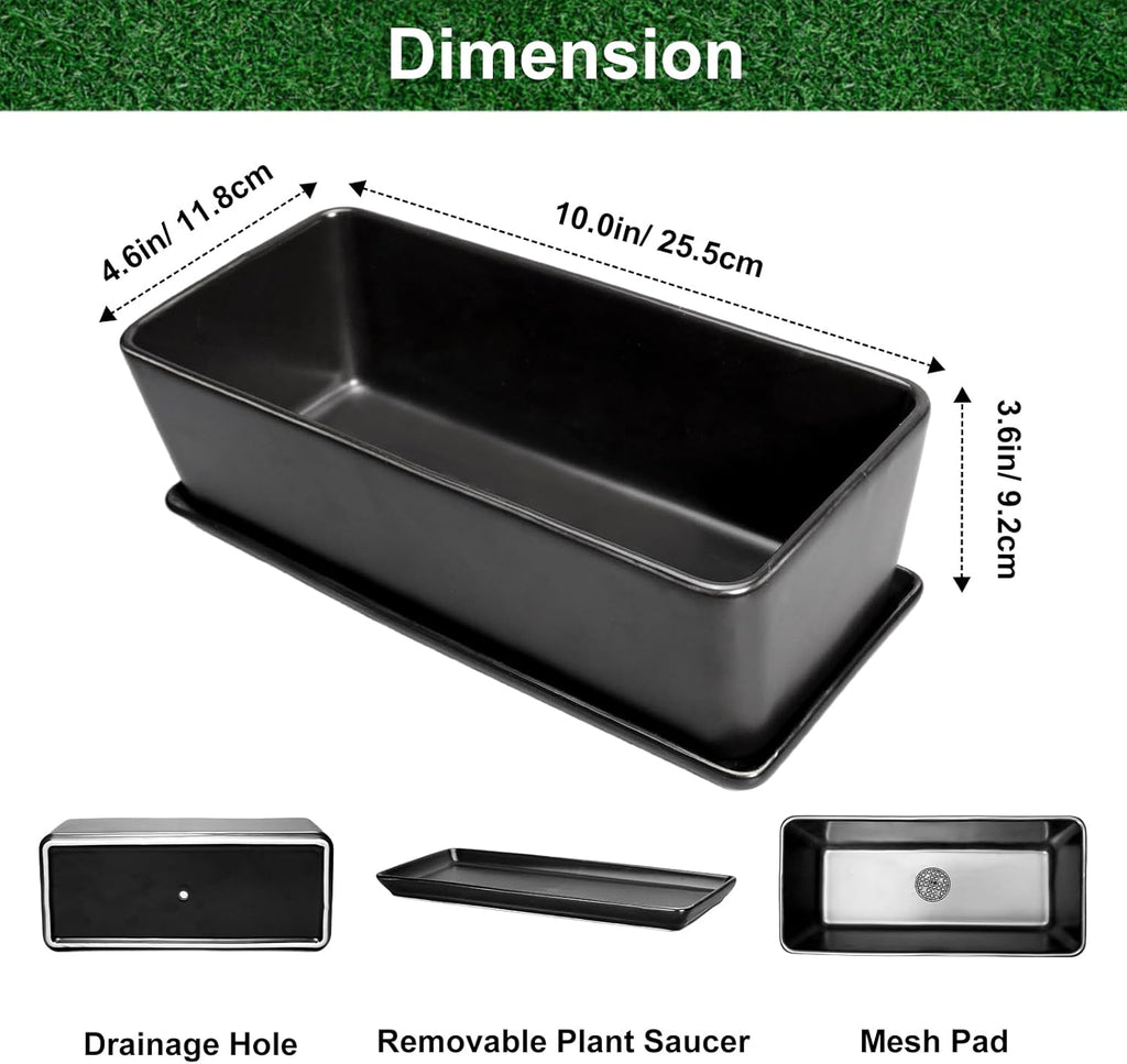 SQOWL Rectangle Planter - 10 Inch Ceramic Plant Pots with Drainage Hole and Saucer, Rectangular Succulent Planters for Indoor Plants, Flower Cactus Herb Pots Outdoor, Room Decor, Garden Gifts, Black