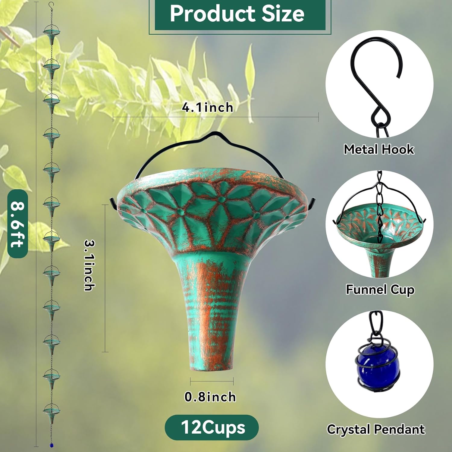 Bronze Funnel Rain Chain 8.6 FT, Decorative Metal Rain Catcher with 12 Cups, Gutter Downspout Replacement