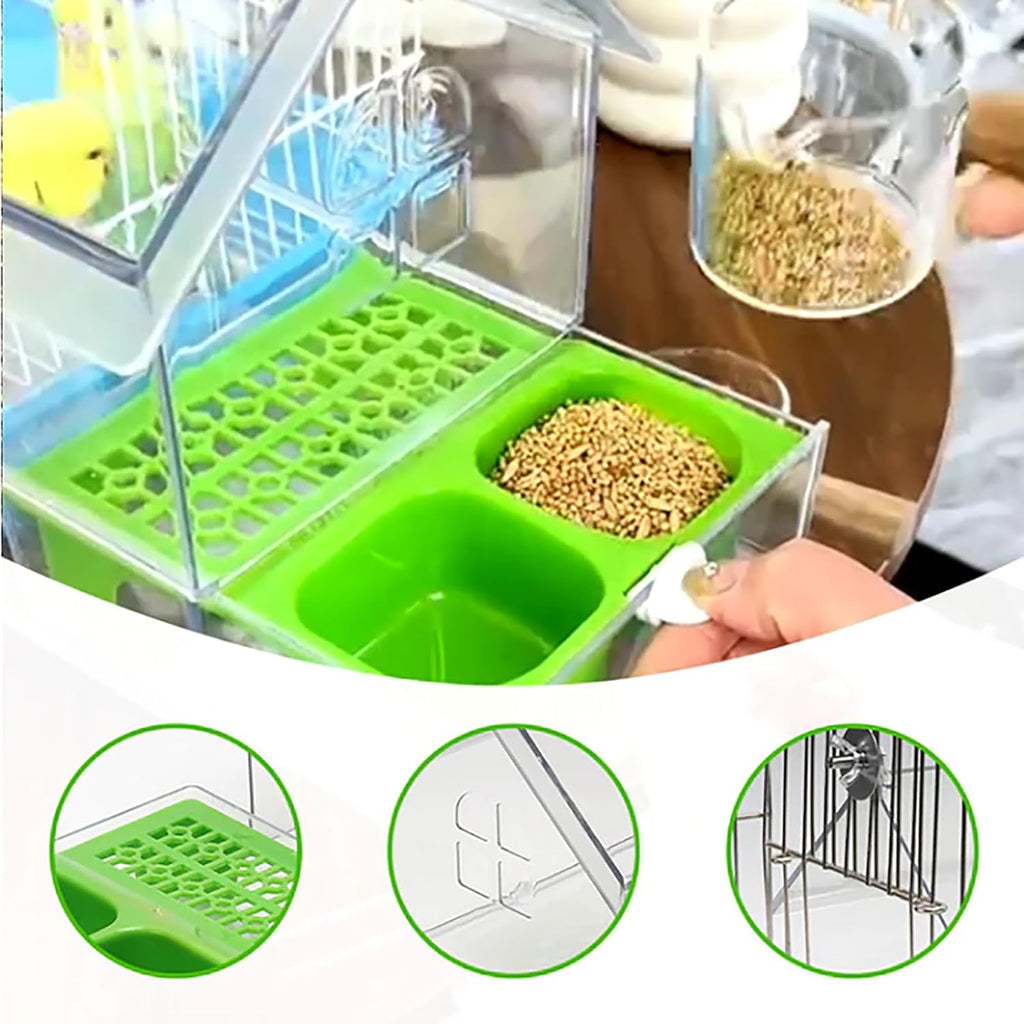 Ziveseller/Sowhathow Pull-Out External Parrot Feeder, Parrot Feeder Parakeet House Bird Bath Transparent Dish Water, Hanging Wild Bird Seed with Squirrel Proof Tray (Green)