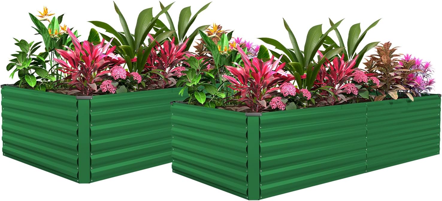 FOOWIN 2pcs 8x4x2ft Galvanized Raised Garden Bed, Planter Raised Garden Boxes Outdoor, Large Metal Raised Beds for Gardening, Garden Bed for Vegetables, Flowers, Herb,478 Gallon Capacity, Green