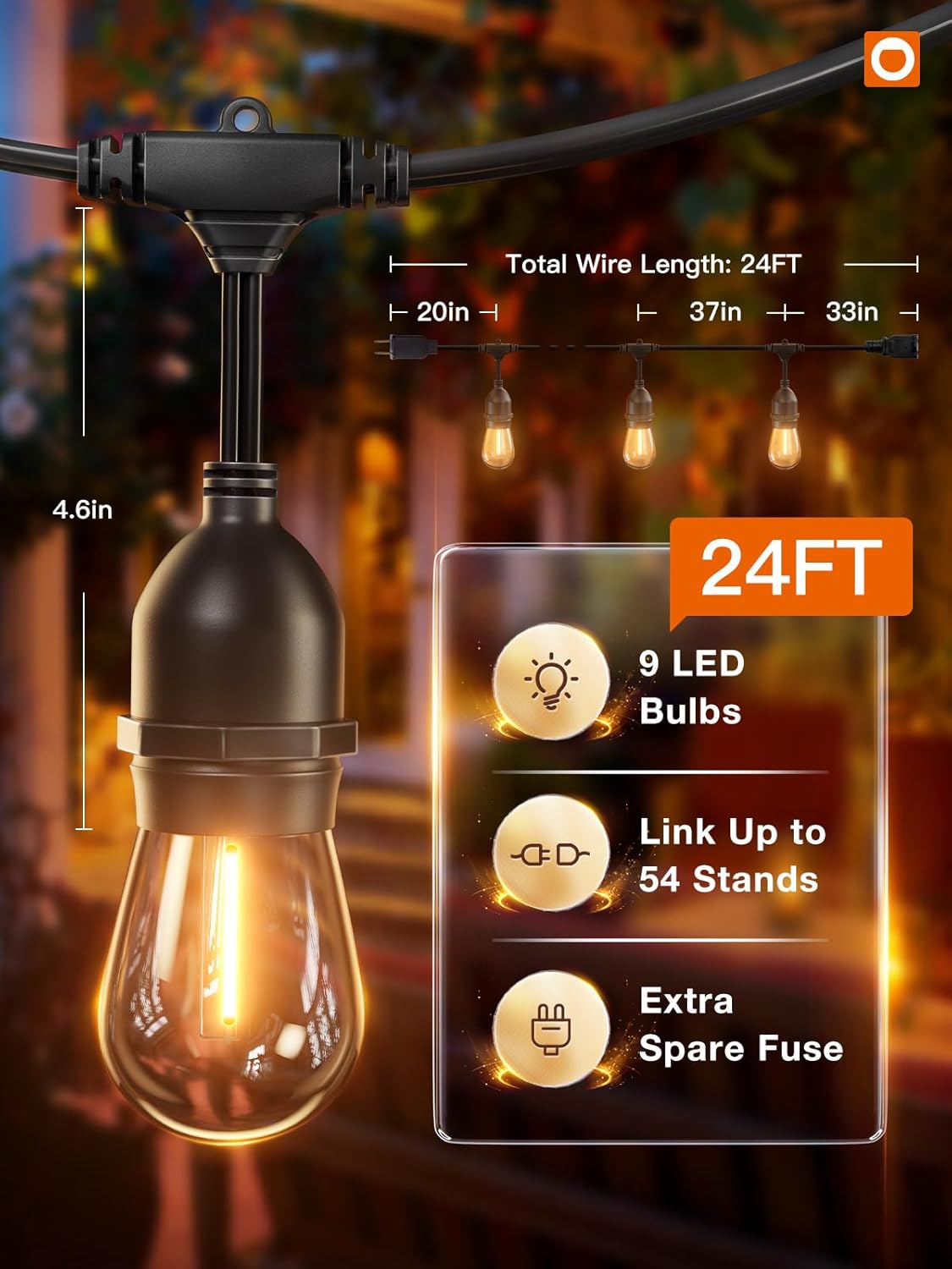 addlon LED Outdoor String Lights 24FT with Edison Vintage Shatterproof Bulbs and Commercial Grade Weatherproof Strand - ETL Listed Heavy-Duty Decorative Cafe, Patio, Market Light