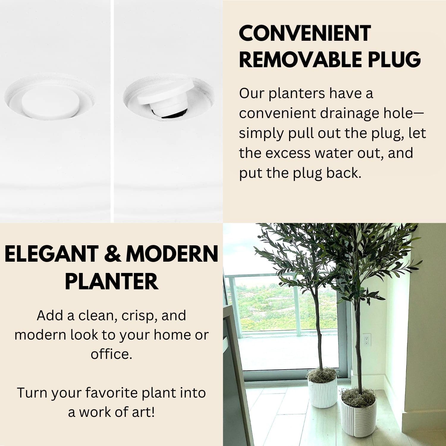 Fox & Fern Large 12 Inch Planter with Drainage Plug — Premium Polystone White Plant Pot; Modern Planter with 3D Texture and Ceramic Finish; 12 Inch Pots for Plants Indoor & Outdoor