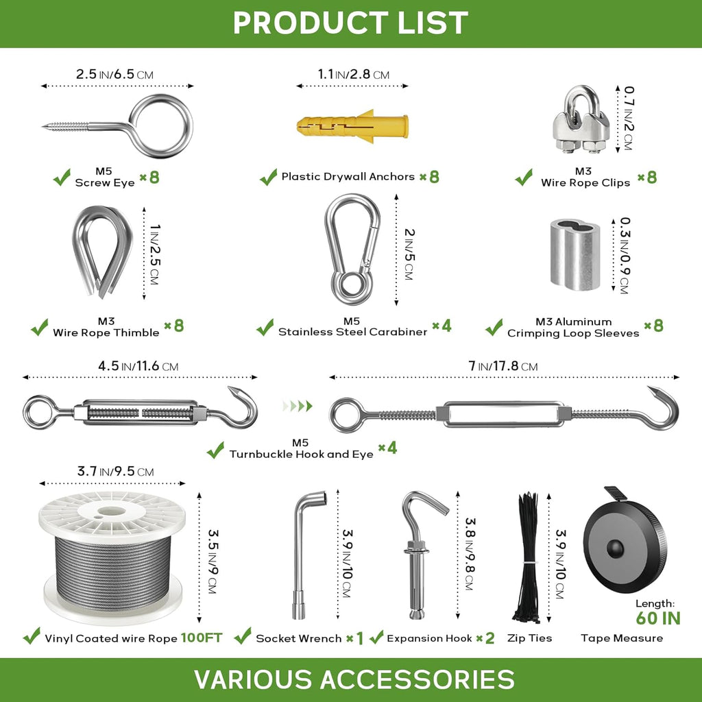 1/8" Wire Rope Kit, 100FT Steel Wire Cable, Vinyl Coated Stainless Steel Cable with Turnbuckles for Outdoor, Garden, Kitchen and Craft Projects