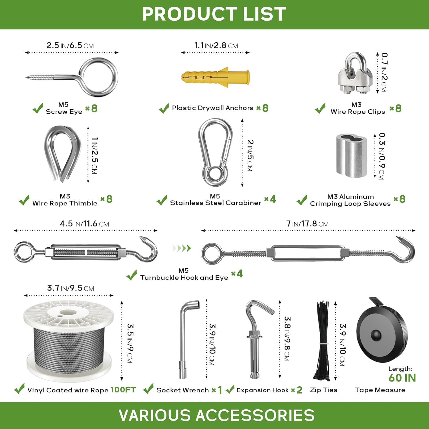 1/8" Wire Rope Kit, 100FT Steel Wire Cable, Vinyl Coated Stainless Steel Cable with Turnbuckles for Outdoor, Garden, Kitchen and Craft Projects