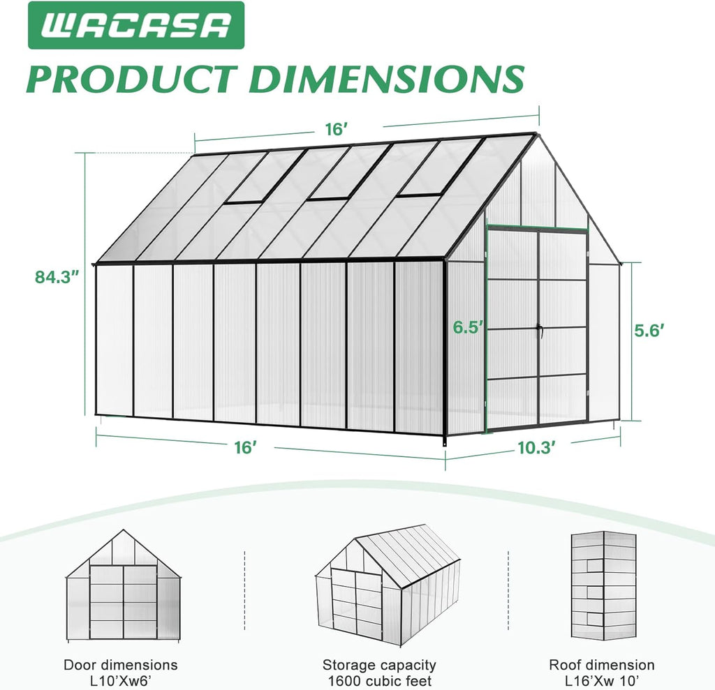10'x10'x16' Snap-Together Greenhouse - Easy 3-Way Connectors, Heavy-Duty Aluminum Frame, Wind/Snow Resistant for Gardening/Urban Farming, Includes Sliding Door & Ventilation Windows