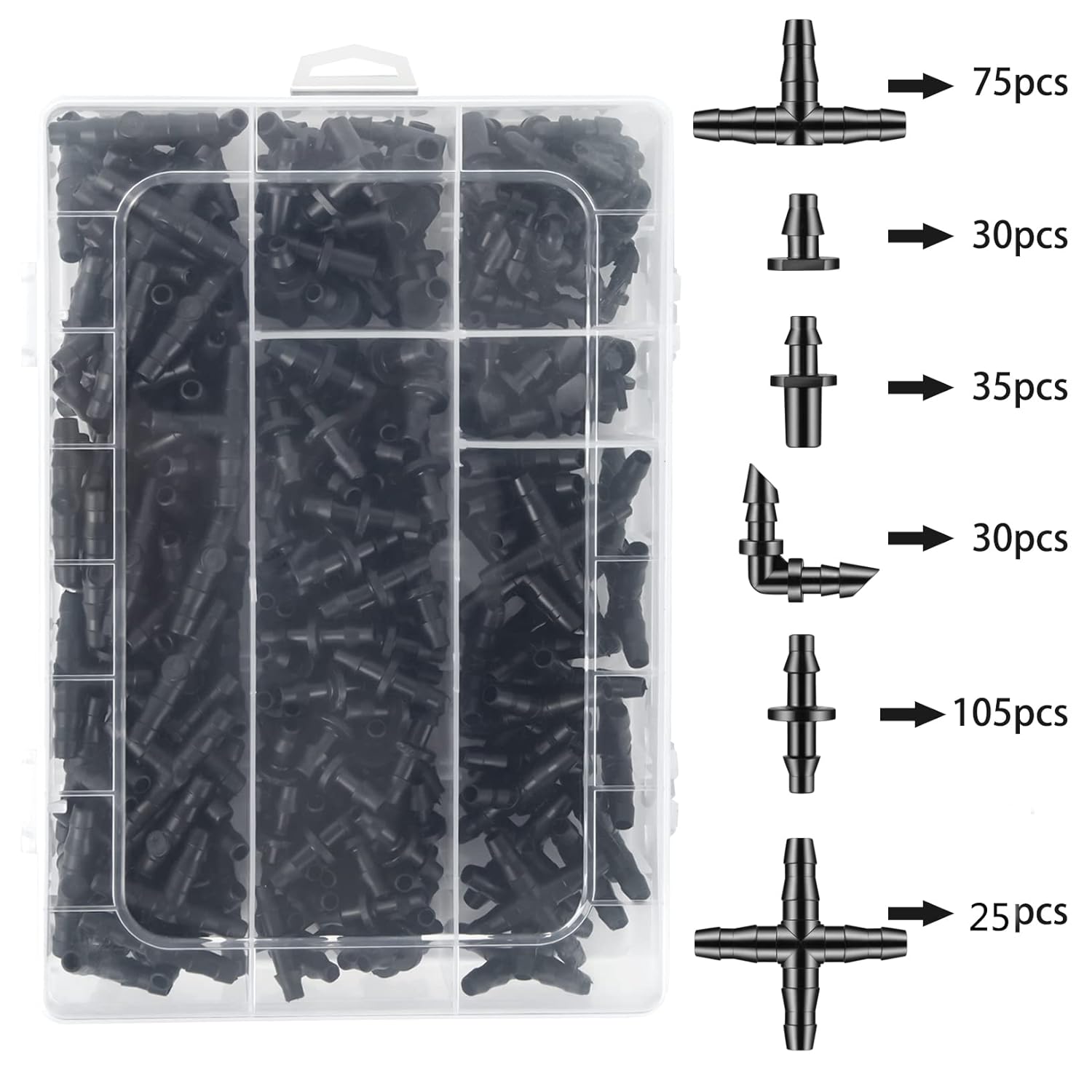 300 Pcs Barbed Connectors Drip Irrigation Fittings Kit, 1/4" Drip Irrigation Kit for Garden Flower Pot Greenhouse Lawn (Straight Barbs,Single Barbs,Tees,Elbows,End Plug,4-Way Coupling)
