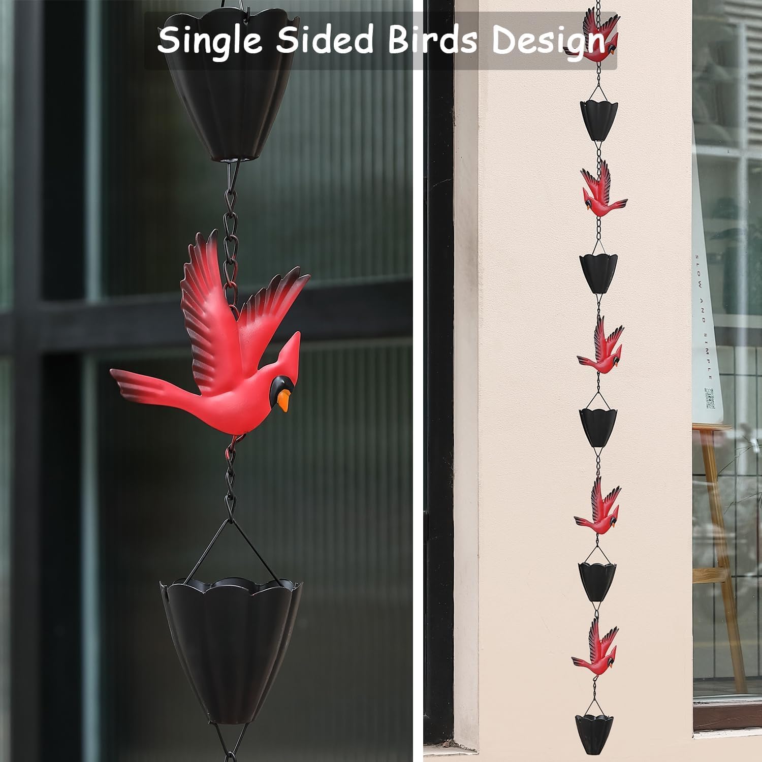 Cardinal Rain Chain, 8.5Ft Rain Chains for Gutters and Downspouts, Metal Decorative Rain Catcher Chain, Bird and Cup Rainwater Gutter Chimes for Outside, Outdoor Garden Decor