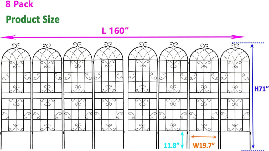 8 Pack Metal Garden Trellis 71" H Garden Fence Rustproof Trellis for Climbing Plants Support Roses Flower Outdoor Lawn Black
