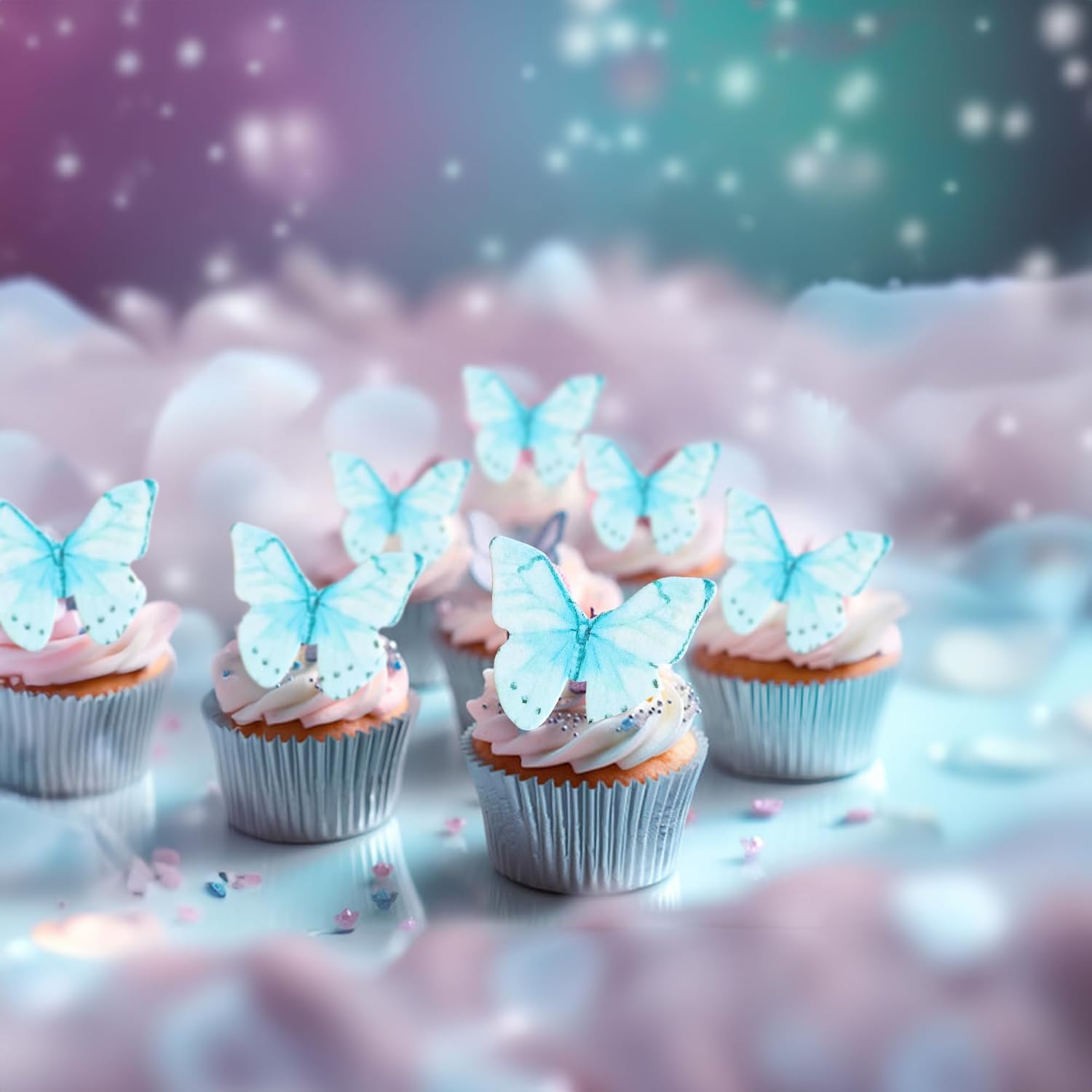 Ephlyn 48Pcs Edible Wafer Paper Butterflies for Cupcake Toppers Picks Edible Butterfly Cake Decorations for Wedding Birthday Party Baby Shower Kids Birthday Party Cake Supplies Light Blue