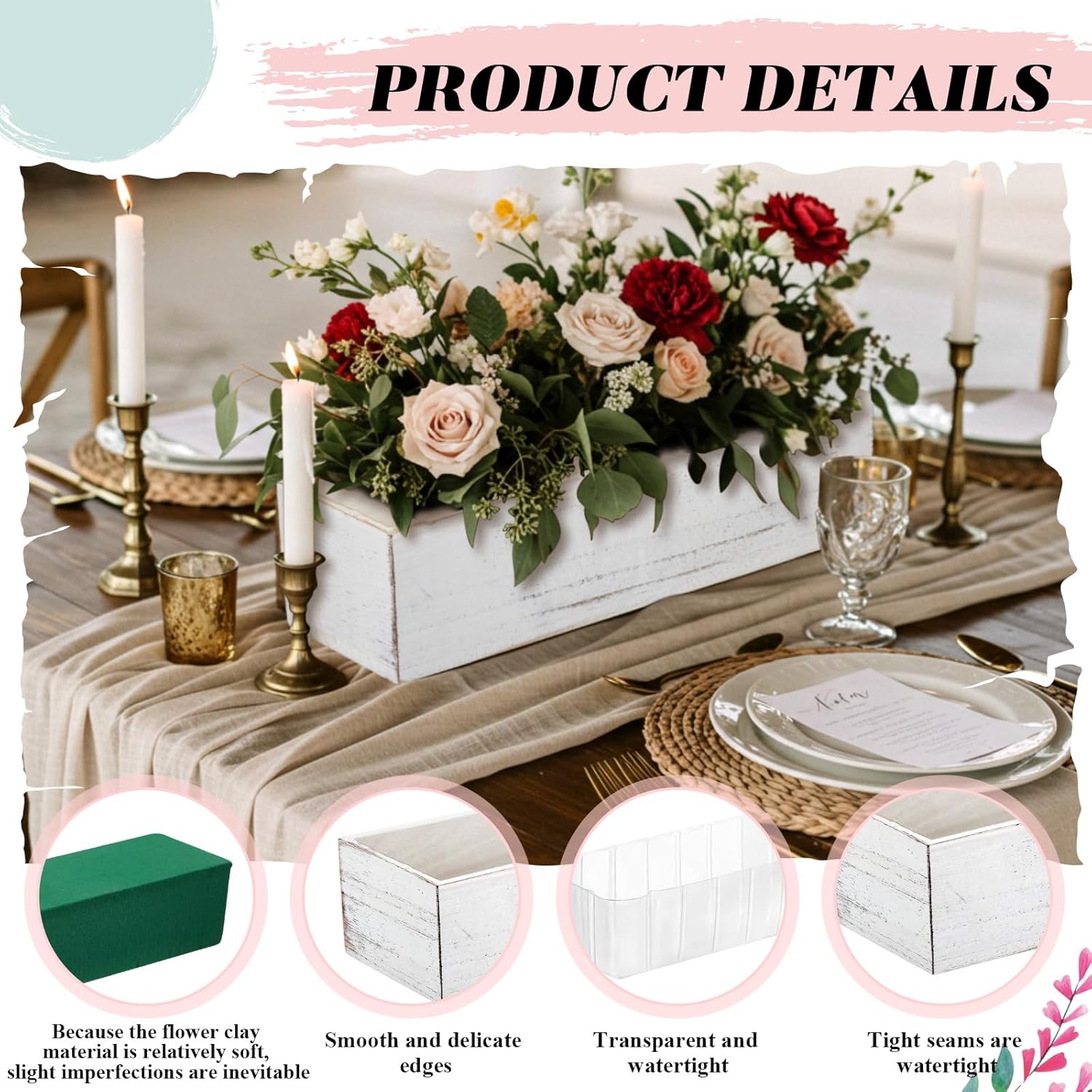 Dandat 1 Set Wood Boxes for Centerpieces 12x4 Inch Rectangle Wooden Planter Box Rustic Wooden Planters with Removable Plastic Liner Floral Foam Blocks for Home Wedding Garden Decor