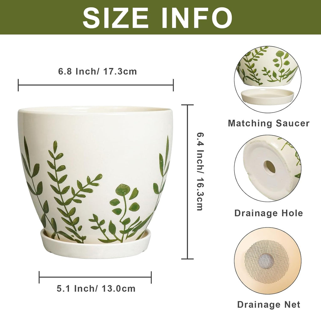 6.8 Inch Plant Pot - Ceramic Planter for Indoor Plants, Flower Pot with Drainage Hole and Saucer, Decorative Boho Round Outdoor Planter, Housewarming Gifts, Garden Room Decor, White