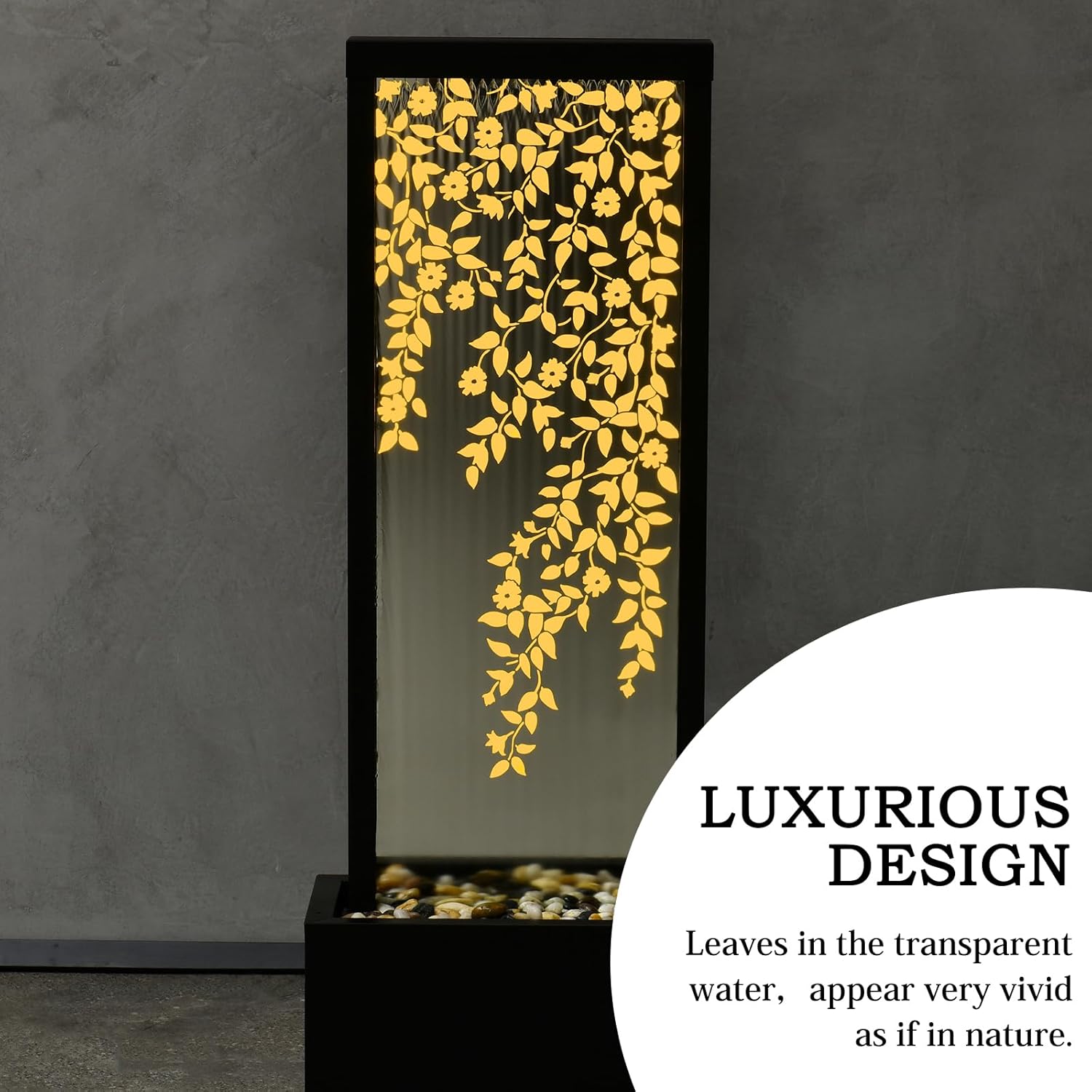 46" H Fountains Outdoor Indoor Tall Waterfall Fountain with LED Lights Large Modern Mirror Fountain for Garden,Patio,Backyard,Home,Black Silver Golden