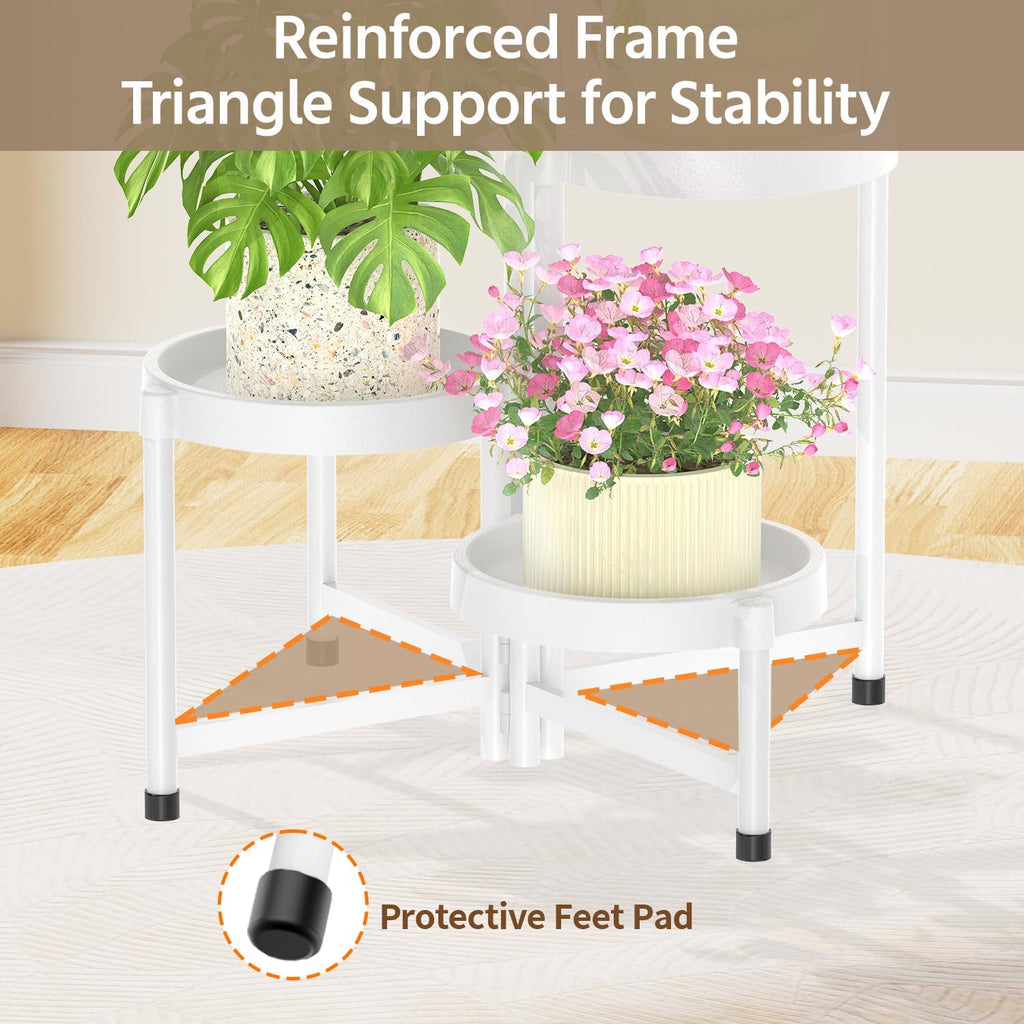 LASZOLA 5 Tiered Folding Plant Stand Indoor for Multiple Large Planter, Tall Heavy Duty Adjustable Rack with Rust Proof Plastic Shelving, Sturdy Vertical Tree Organizer for Narrow Inside Floor, White