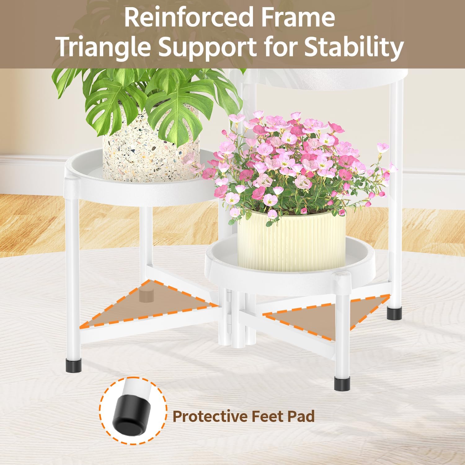 LASZOLA 5 Tiered Folding Plant Stand Indoor for Multiple Large Planter, Tall Heavy Duty Adjustable Rack with Rust Proof Plastic Shelving, Sturdy Vertical Tree Organizer for Narrow Inside Floor, White