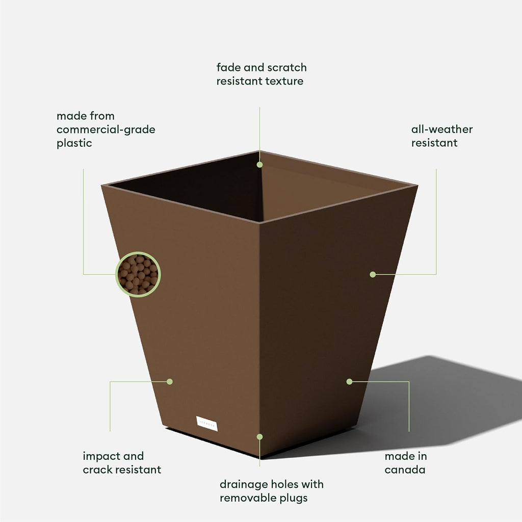 Veradek Nobleton Indoor/Outdoor Wide Square Planter (Espresso, 18" - 2 Pack with 2 Saucer Trays)