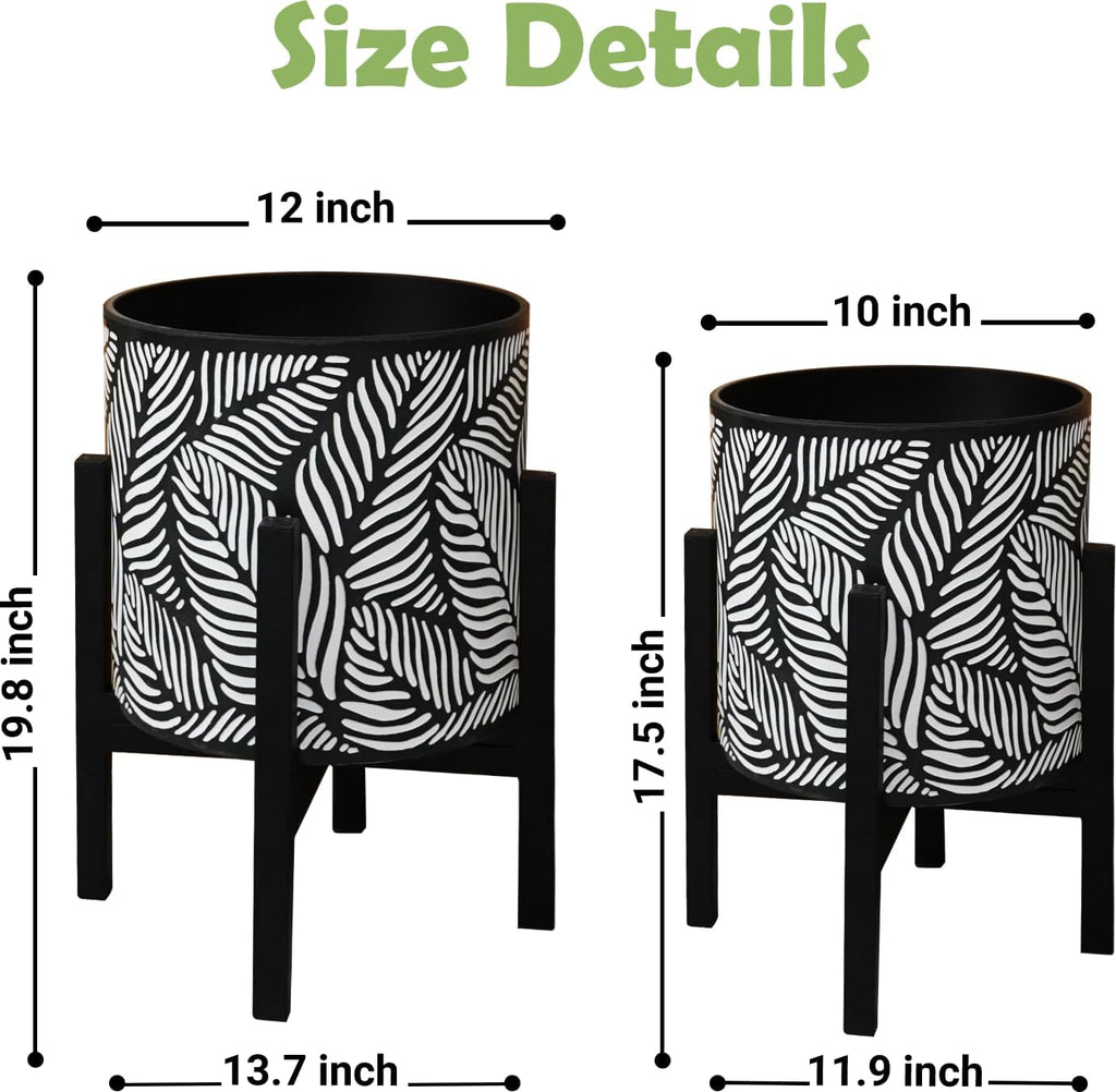 10 & 12 Inches Plant Pot with Stand Set of 2, Decorative Palm Leaves Printing Planter with Holder, Garden Pot for Snake Plant, Monstera, Houseplants - Indoor Outdoor Flower Pots with Drainage Holes