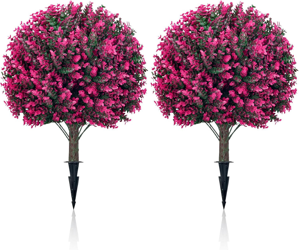 Artificial Topiary Tree with Pink Eucalyptus, Set of 2-17in UV Resistant Fake Evergreen Tree for Porch, Outdoor Artificial Plants for Planters - Ground Spike Included FZHCZWZX