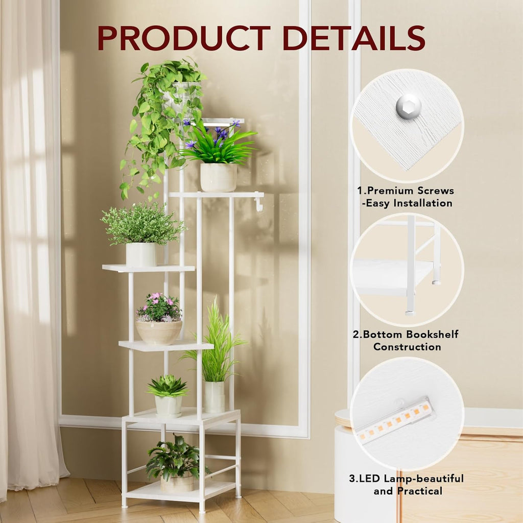 Plant Stand Indoor with Grow Light, 6-Tiered Tall Plant Stand Indoor, Metal Plant Shelf with Hanging Basket Hook and Adjustable Light, Ideal for Living Room, Garden, Patio white