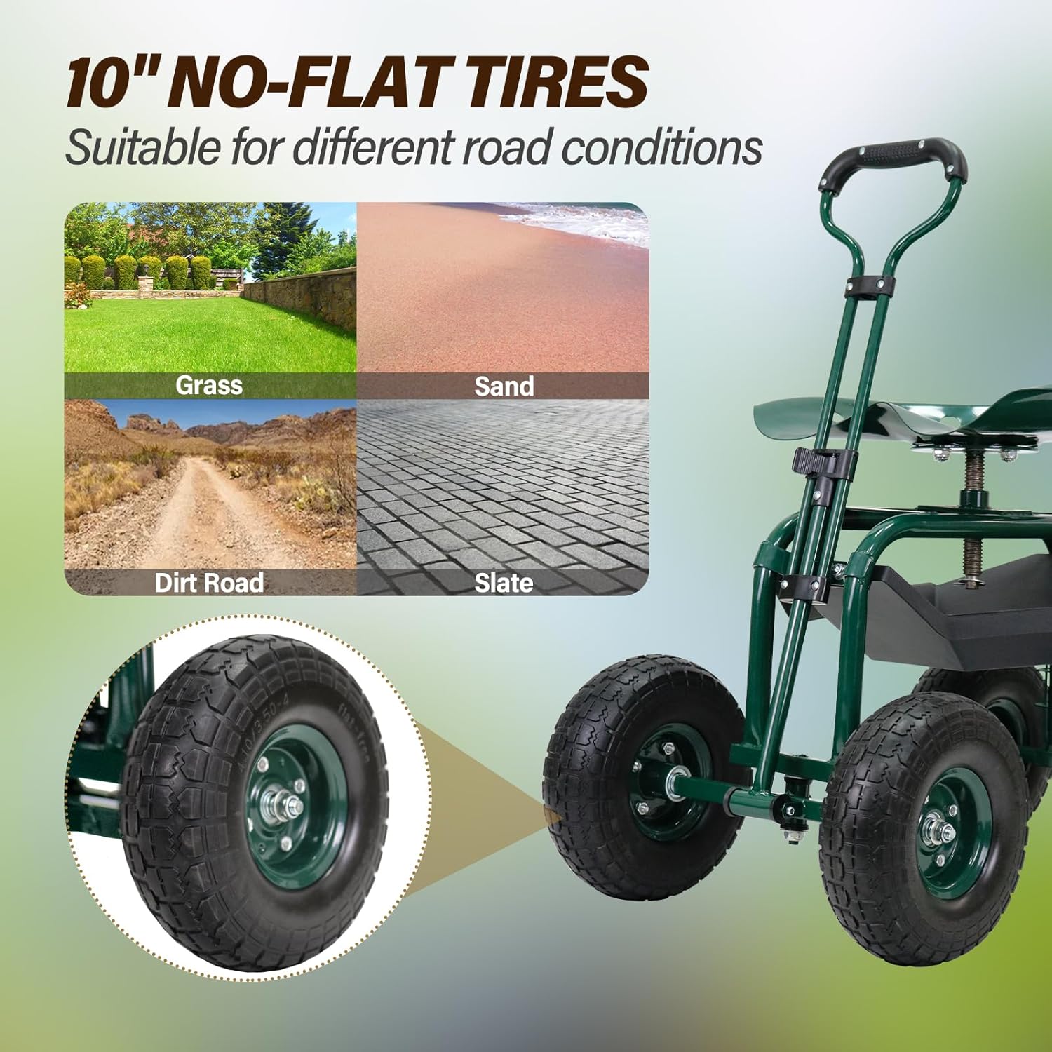 BESTHLS Garden Cart with Seat on Wheels Rolling Gardening Stool with Wheels Heavy Duty for Planting with 360 Degree Swivel Seat Steering Handle & Utility Tool Tray