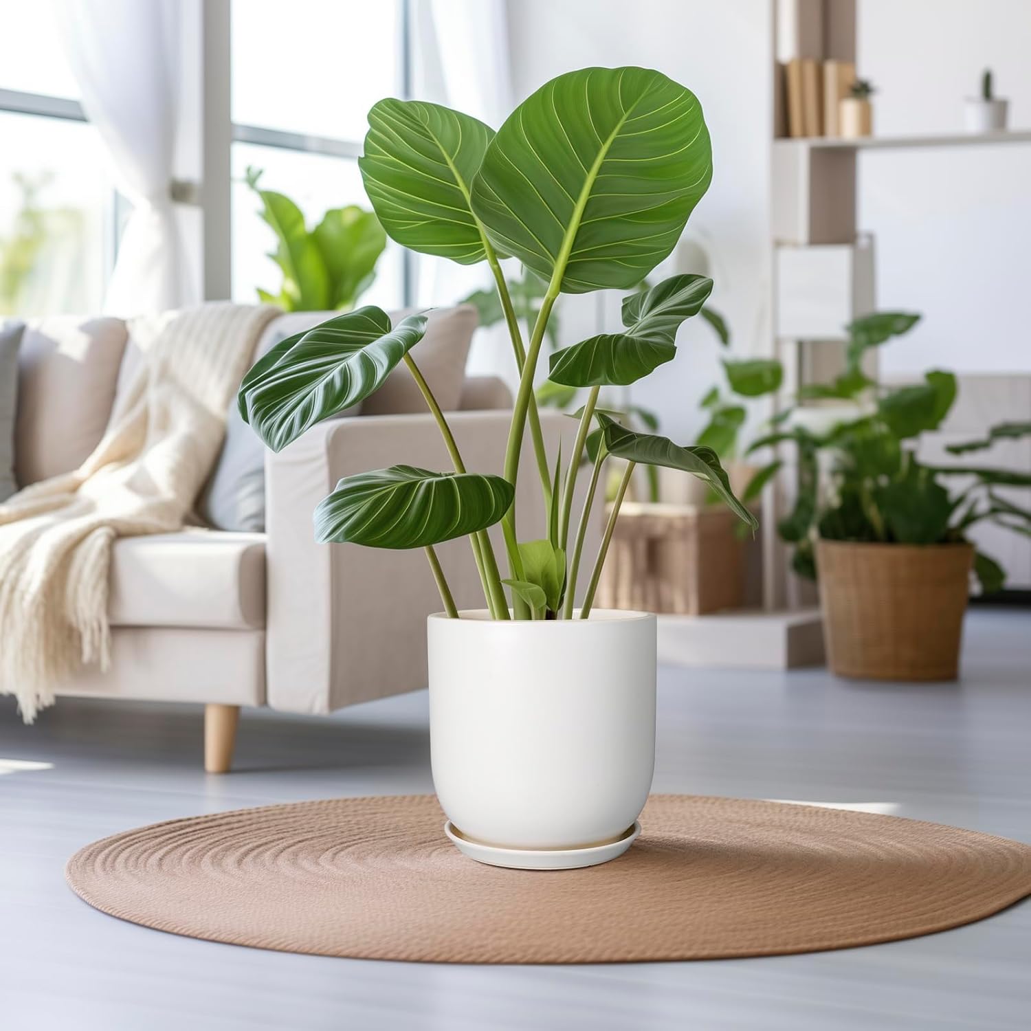 Plant Pot 12 inch - Ceramic Pot for Plants Indoor Outdoor Large Planter Pot with Drainage Hole and Saucer Mid-Century Modern Flower Pot Cylinder White