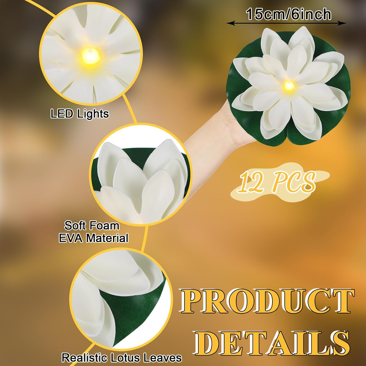 12 PCS Waterproof Floating Lotus Light - 6'' Floating Flower Light Battery Operated Water Activated Warm White Pool Flower Lamp Wedding Anniversary Garden Decoration(6 Inch, White)