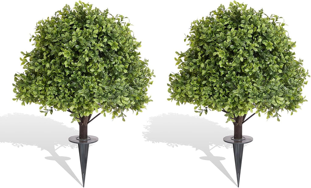 27" Tall Artificial Boxwood Ball Topiary Trees Set of 2, UV Resistant Large Faux Plants Outdoor, 2ft Fake Bushes and Shrubs Look Real with Ground Spike for Front Porch Outside Planter Backyard Decor