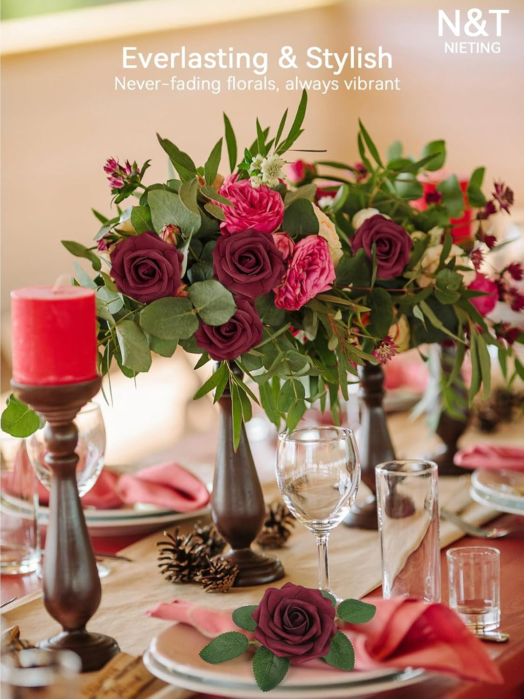 N&T NIETING Artificial Flowers - Fake Flowers Dark Red Roses Perfect DIY Wedding Bouquets Centerpieces Bridal Shower Party Home Flower Arrangement Decorations, 50Pcs