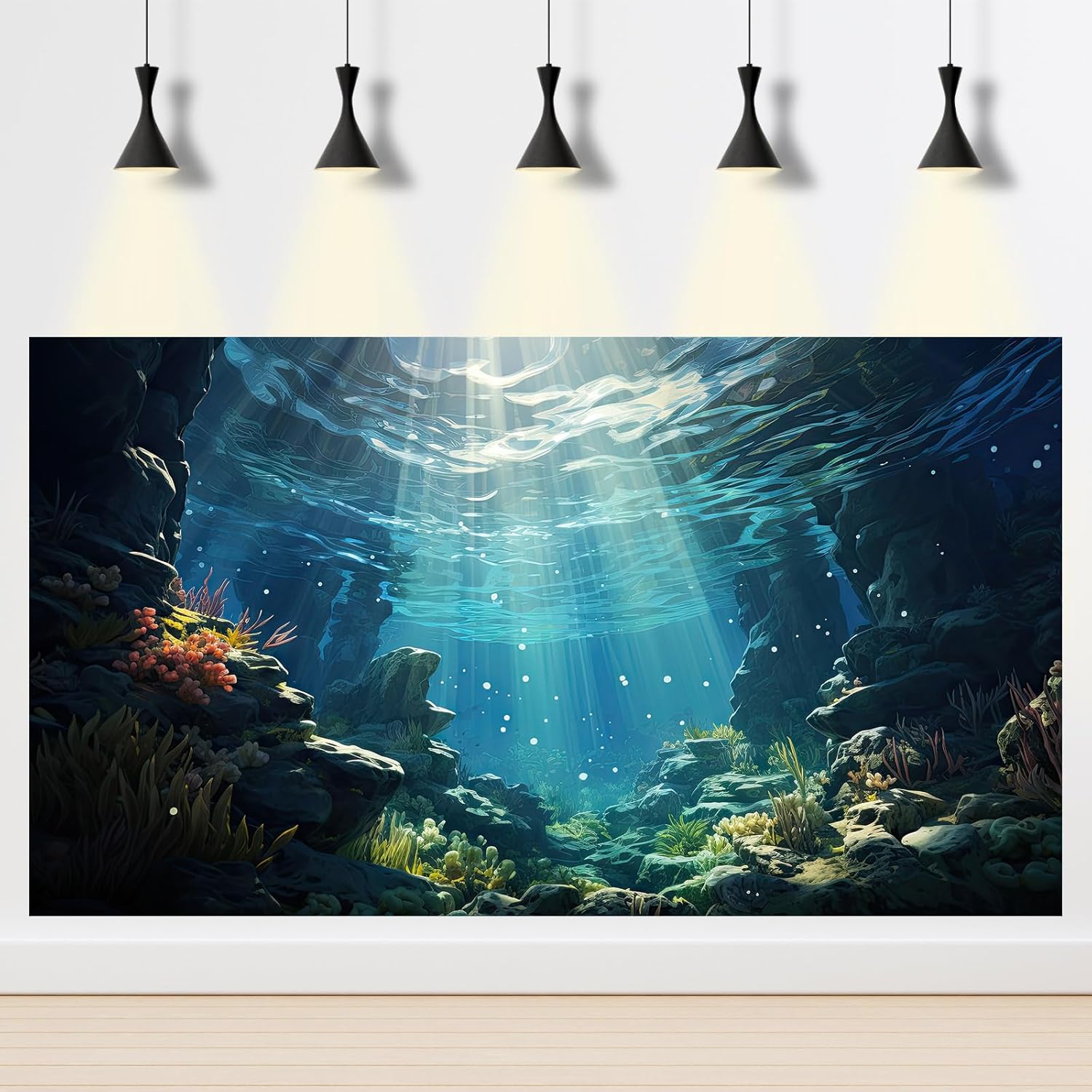 Underwater Aquarium Background Corals and Tropical Fish Terrarium Backdrop Rock Aquatic Plants Sunlight Rays Fish Tank Background Tank Aquarium Wallpaper Poster Decor Vinyl 48x18in