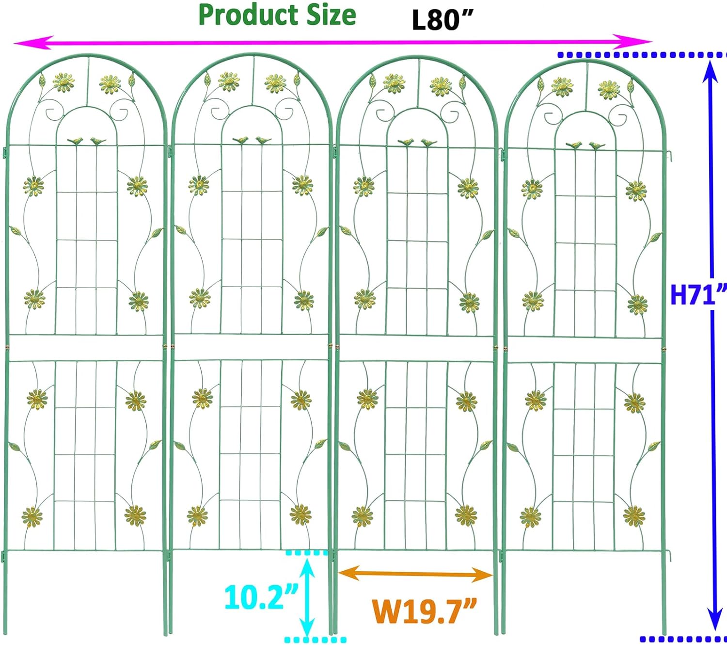 4 Pack Metal Garden Trellis 71" H Garden Fence Rustproof Trellis for Climbing Plants Support Roses Flower Outdoor Lawn, Blue Green