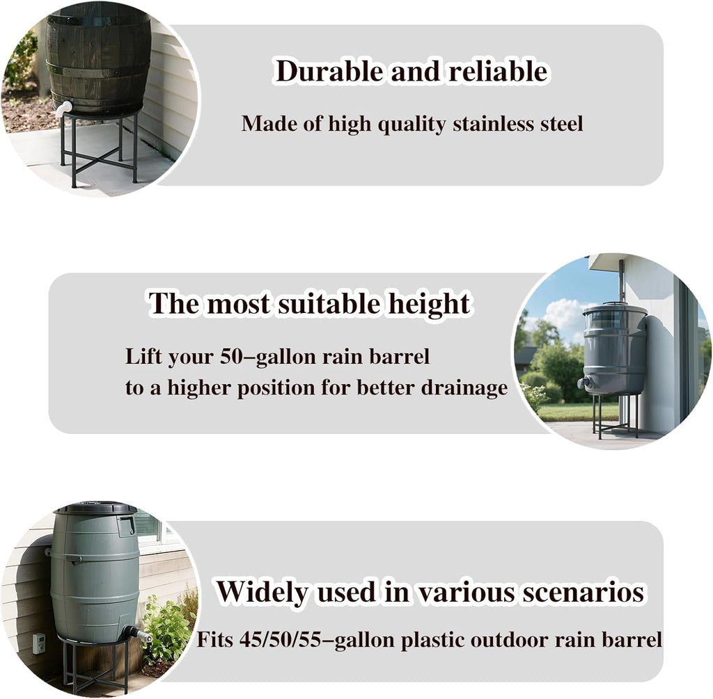 Stainless Steel Rain Barrel Stand - Heavy Duty Water Collection Base for 45/50/55 Gallon Plastic Barrels, Outdoor Weatherproof & Rust-Proof Design with 1200lb Capacity