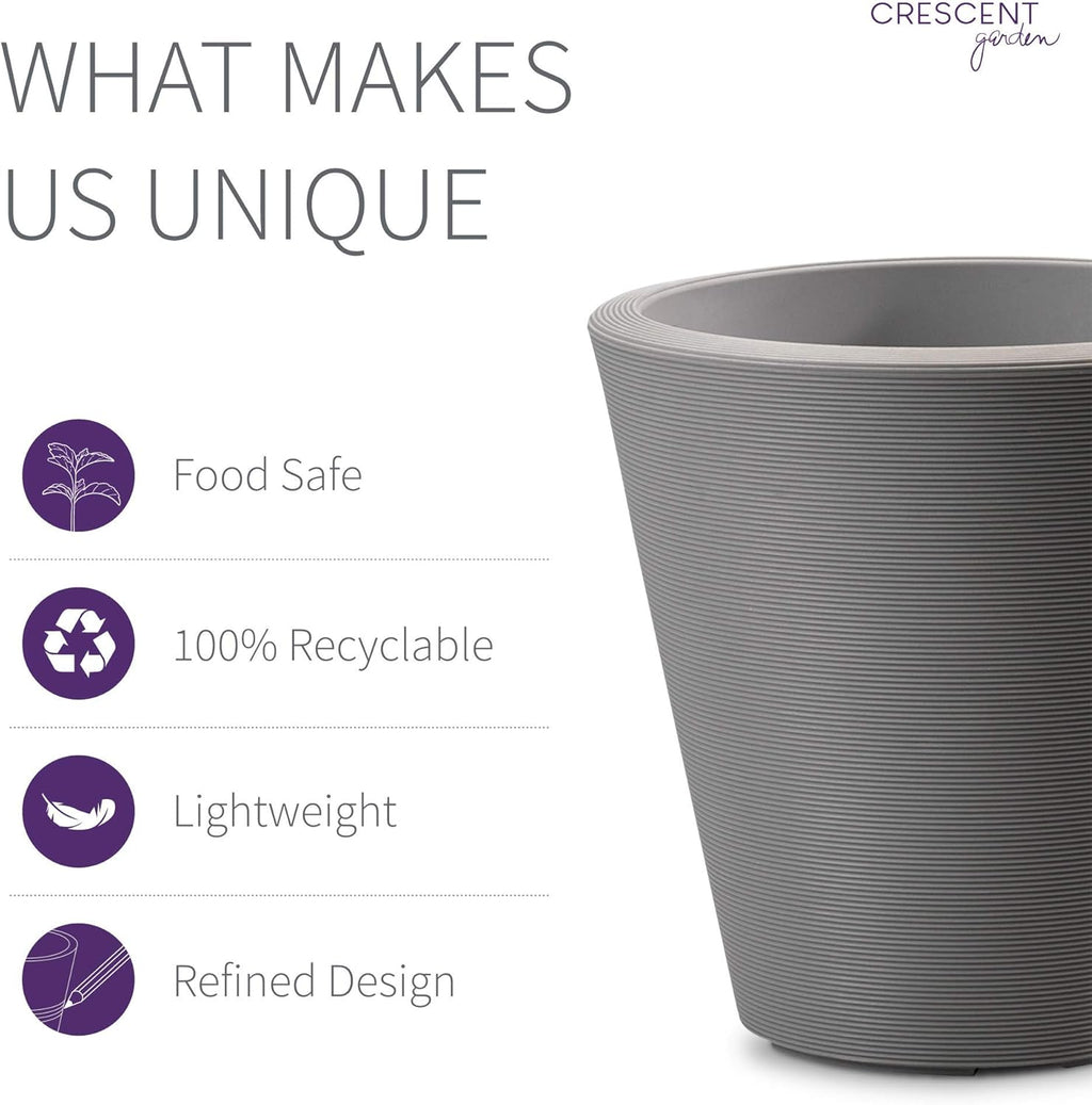 Crescent Garden Madison Planter– Weather-Resistant, Double Walled Indoor/Outdoor Plant Pot with Drain Hole – Durable All-Season Flower Container, 16" W (Slate)