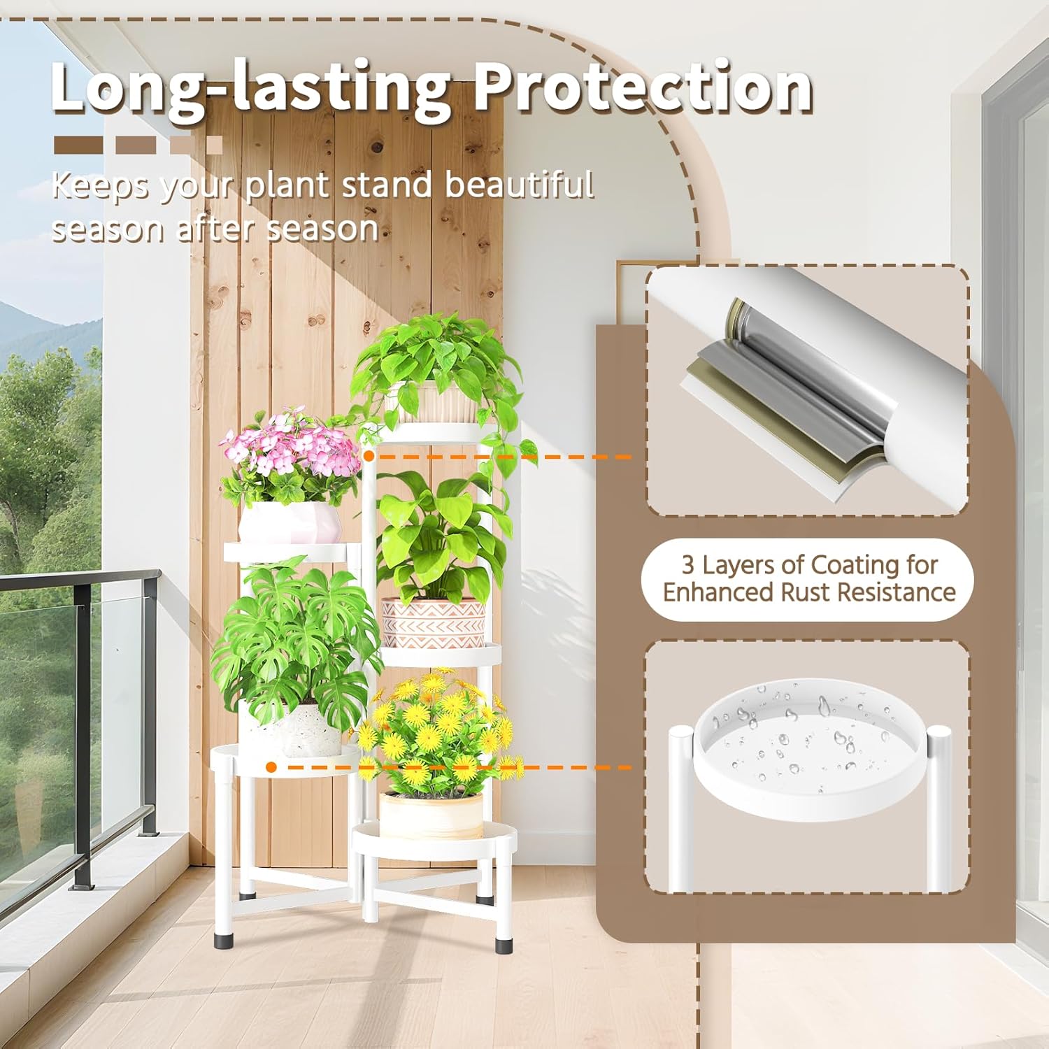 LASZOLA 5 Tiered Folding Plant Stand Indoor for Multiple Large Planter, Tall Heavy Duty Adjustable Rack with Rust Proof 10 Inch Wide Tray, Sturdy Vertical Tree Organizer for Narrow Inside Floor, White