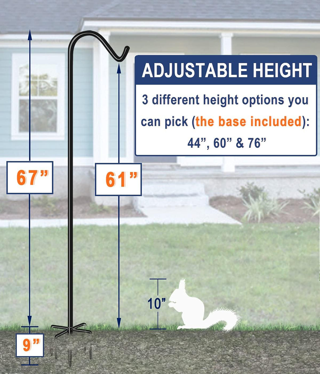Shepherds Hook for Outdoor Bird Feeders Pole 76 Inch Tall, Adjustable Heavy Duty Garden Hanger Stake Pole with 5 Prong Base, Shiny Black (2 Packs)