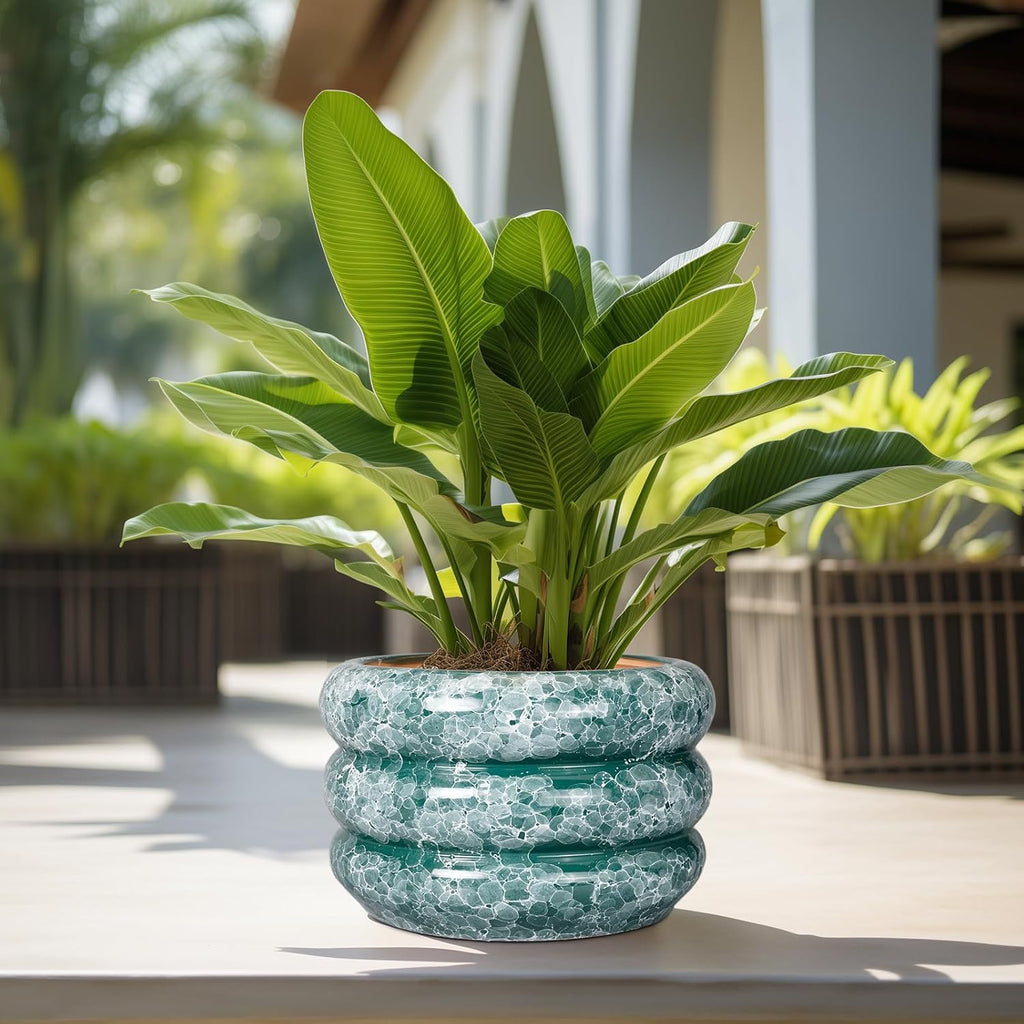 SQOWL Ceramic Planter for Indoor Plants 13.5 Inch - Large Plant Pot with Drainage Hole Outdoor Flower Pot Round Planter Decorative Plant Pot for Garden Bathroom Decor Green