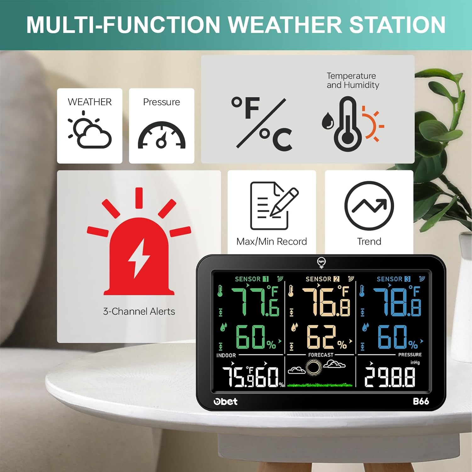 OBET Weather Station Wireless Indoor Outdoor Thermometer with 3 Sensors, Temperature Humidity Monitor with Alerts 500ft Range and 3 Adjustable Brightness