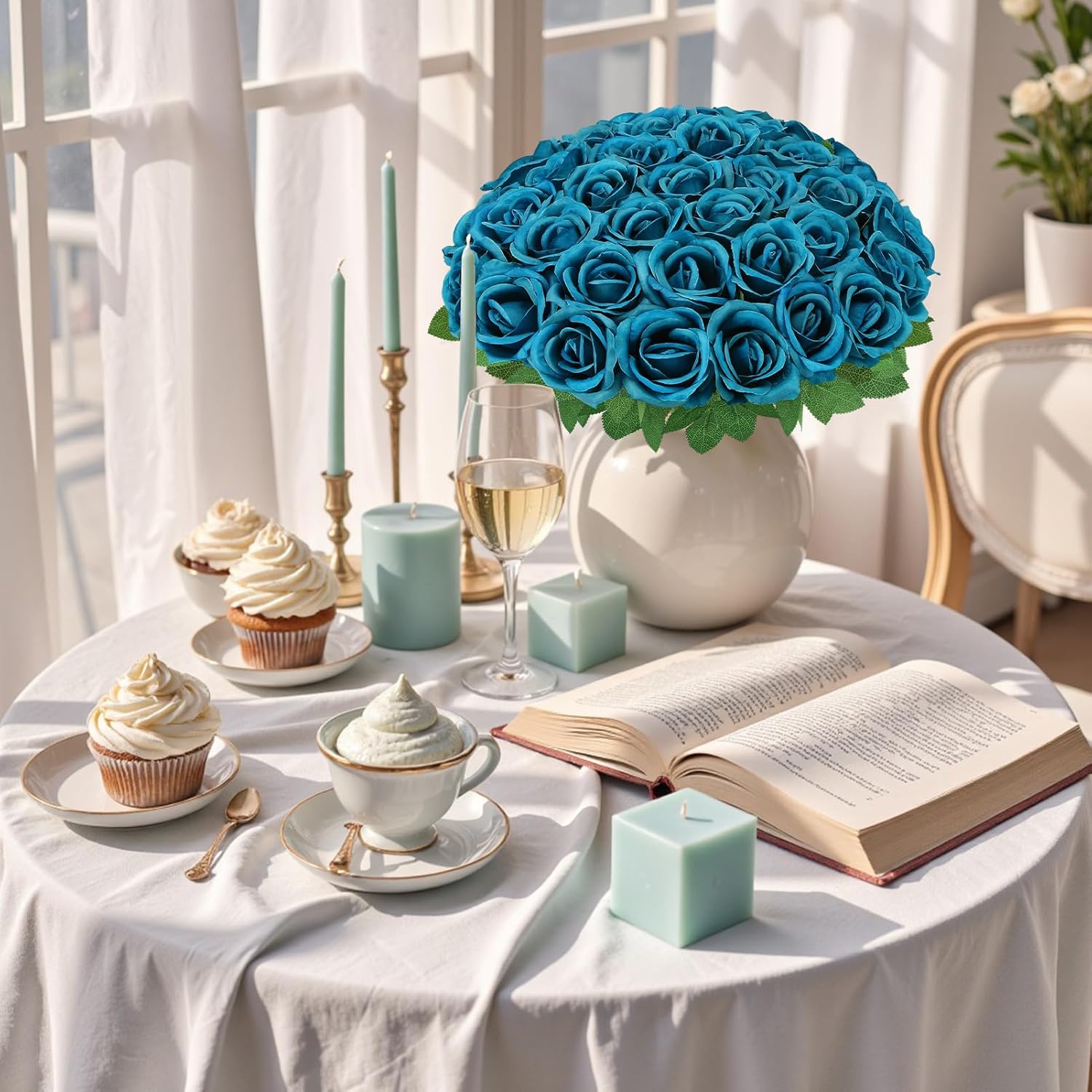 36 Pcs Teal Artificial Roses with Long Stems, Blue Green Fake Silk Rose Artificial Flowers Bulk for Bridal Wedding Bouquet Centerpiece Ball Arrangement Party Decor