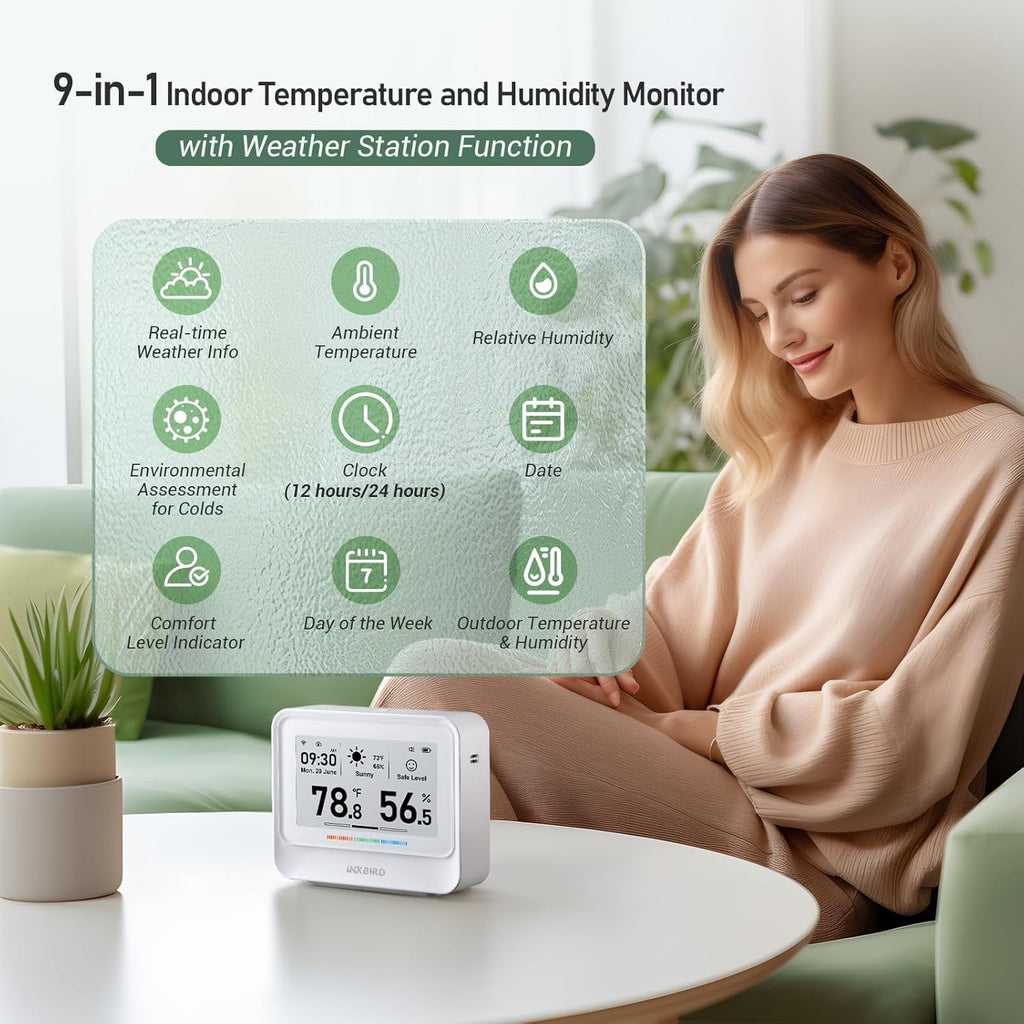 INKBIRD WiFi Thermometer Hygrometer, Temperature and Humidity Sensor with Weather Station, 9-in-1 IBS-TH5 with Electronic Ink Display, 2 Years Free Data Storage Export, Remote Monitor for Room