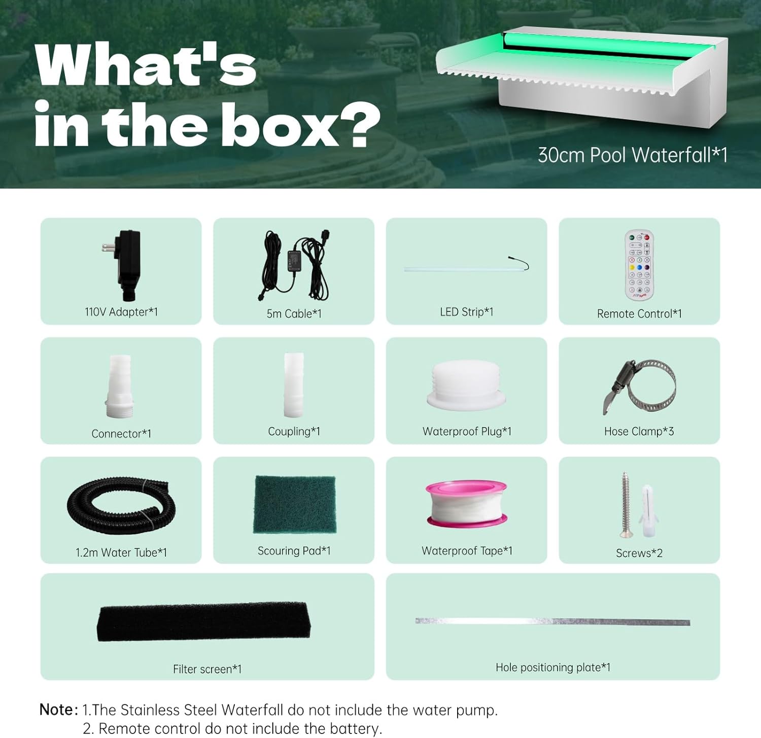 Waterfall Spillway Stainless Steel Pond Waterfalls with Color Changing LED Light, Outdoor Pool Fountain Water Feature Kit for Garden Patio Swimming Pool Koi Ponds Decor-12"x8"x4"