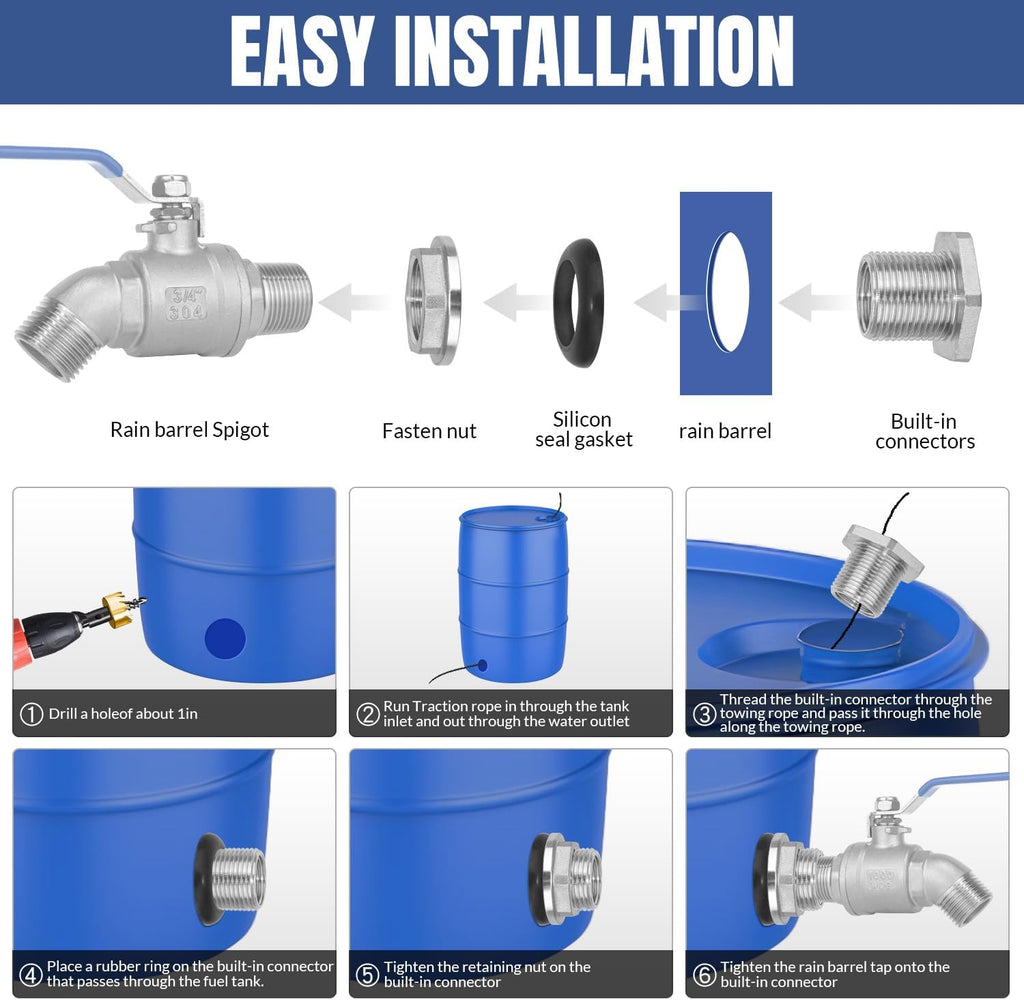 Rain Barrel Spigot Kit High Flow Spigot for Water Barrel 304 Lead-Free Compliant Stainless Steel for Rain Barrels 3/4"GHT Rain Barrel Quarter Turn Spigot with Bulkhead Fitting