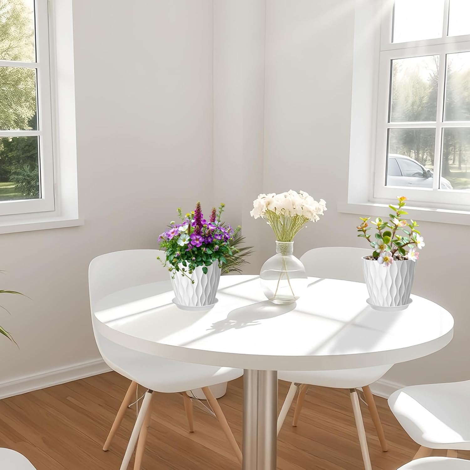 6 Pack 7 Inch Plant Pots with Drainage and Saucers, White Plastic Flower Pots for Indoor and Outdoor Plants, Stackable Nursery Planters for Houseplants and Herbs, White