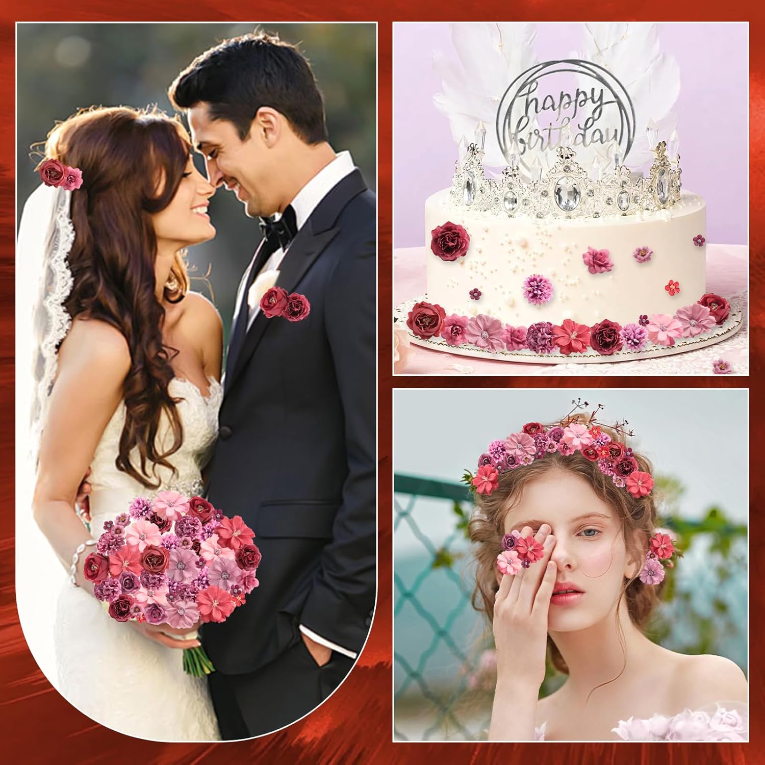 Faux Flower Heads Mini Red Artificial Flower Heads Fake Peony Daisy Rose Flowers Multicolor Small Silk Daisy Flower Heads for Craft Garland Wedding Party DIY Home Decoration,2-4 cm