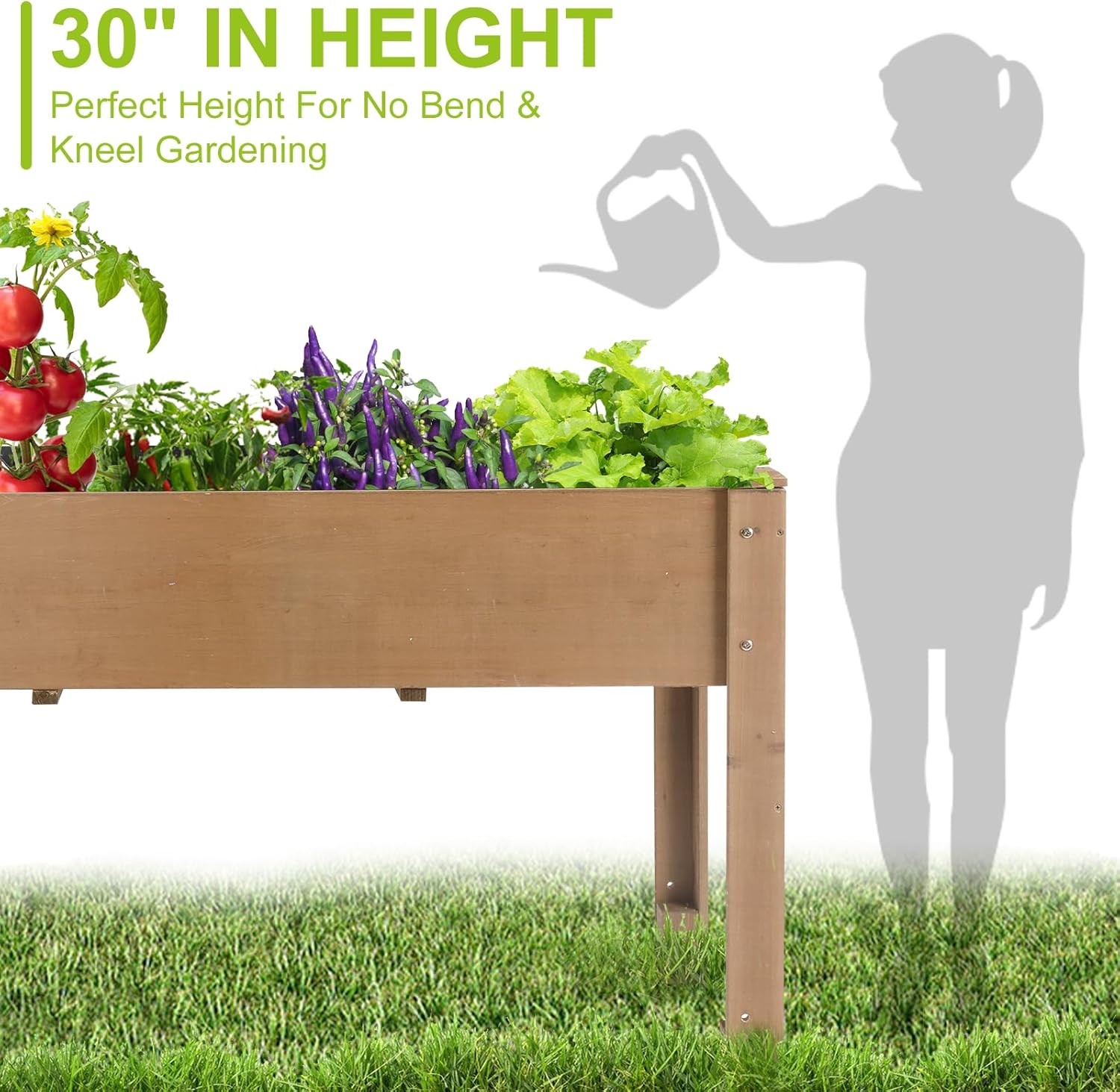 Outdoor Wood Raised Garden Bed- Elevated Planter Box with Legs, Durable Fir Wood, Reinforced Frame with Drainage Holes, Liner for Vegetables, Herbs, Flowers, 47" x 23"x 30"