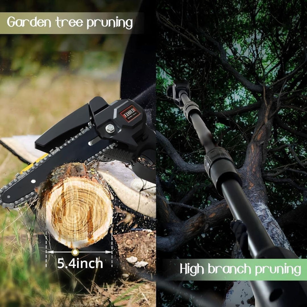 High Branch Chainsaw. 6-inch Brushless Lithium Pole Saw. 2 x 24V Battery and Charger. Three Telescopic rods. Lightweight Garden Pruning Tool. for Tree Pruning.