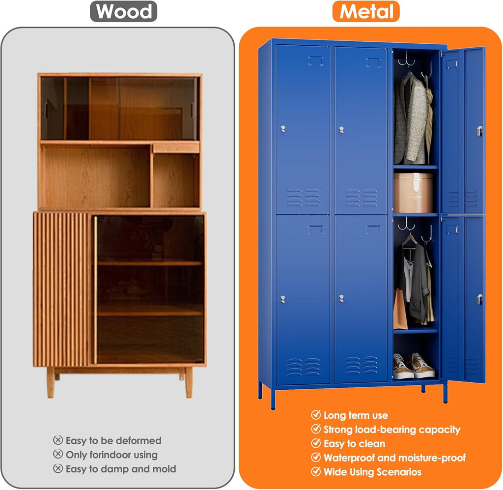 6 Doors Metal Lockers for Employees with 6 Shelves and 18 Hooks, Storage Locker with Business Card Holder for Office Gym School Bedroom, Assembly Required, Blue