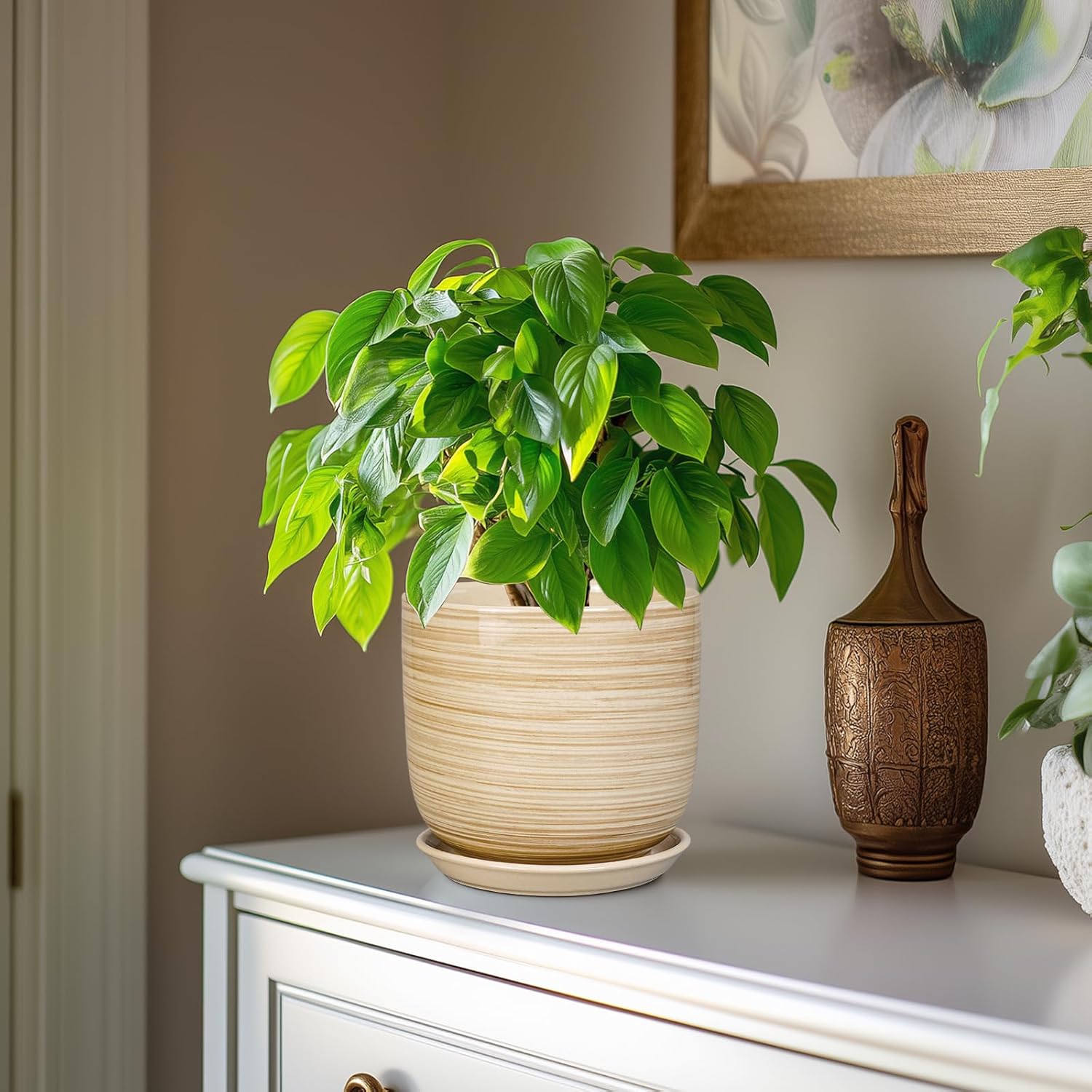 Ceramic Planter for Indoor Plants 7 Inch - Cylinder Modern Indoor Plant Pot with Drainage Hole and Saucer, Home Patio Office Bathroom Decor, Yellow