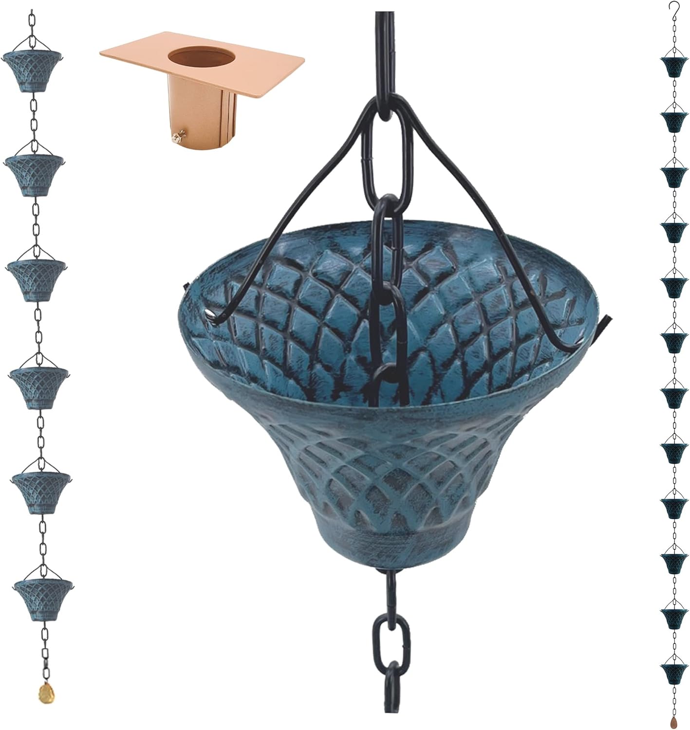 [Upgraded] 8.5FT Sky Blue Iron(Both-Sided) Rain Chains for Gutter and Rain Barrel, Rust-Resistant Plated Garden Décor Rain Chain for Downspout, W/Rain Chain Gutter Adapter, Earrings for House